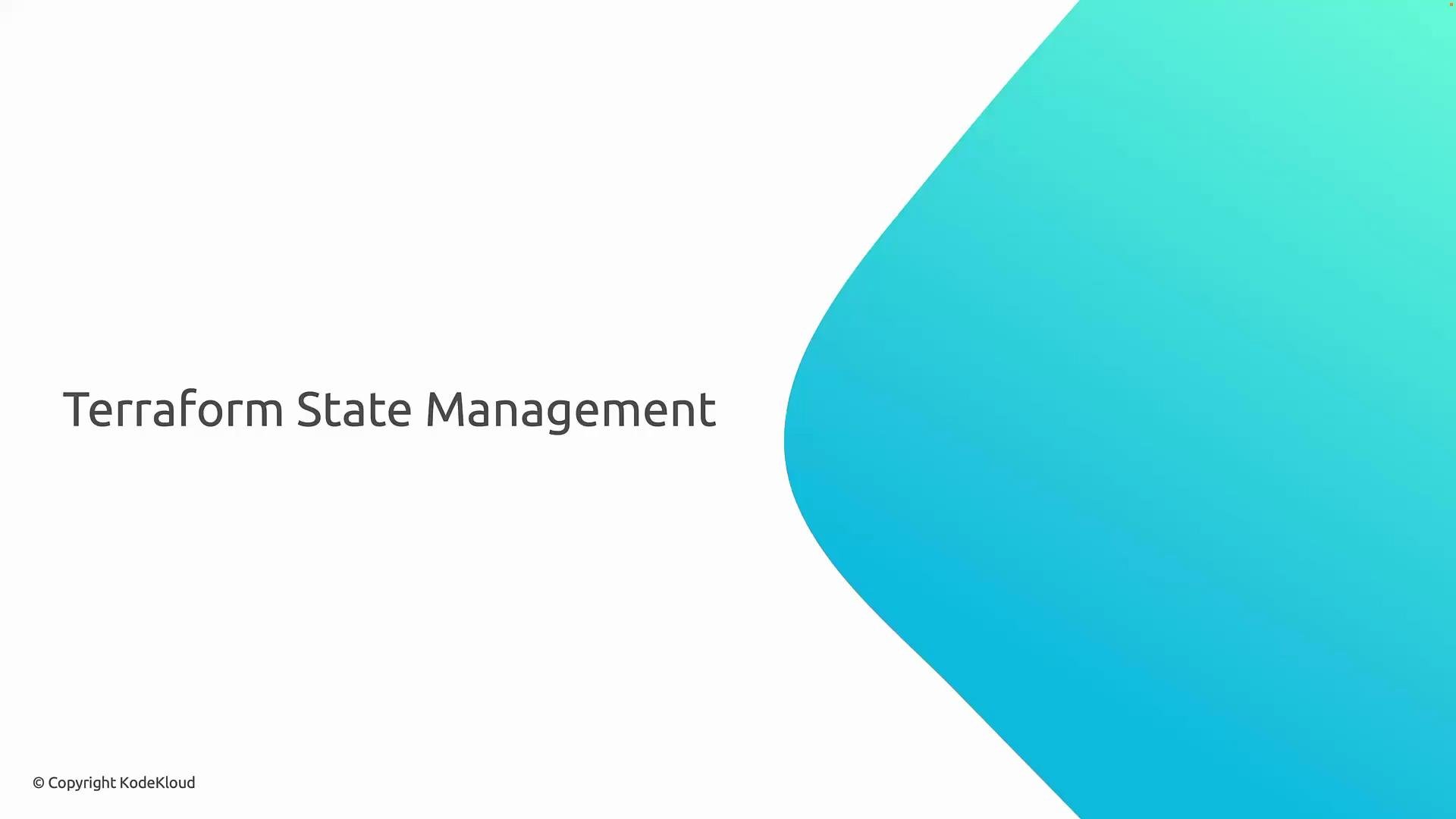 The image features the text "Terraform State Management" with a minimalist design, including a gradient blue shape on a white background.
