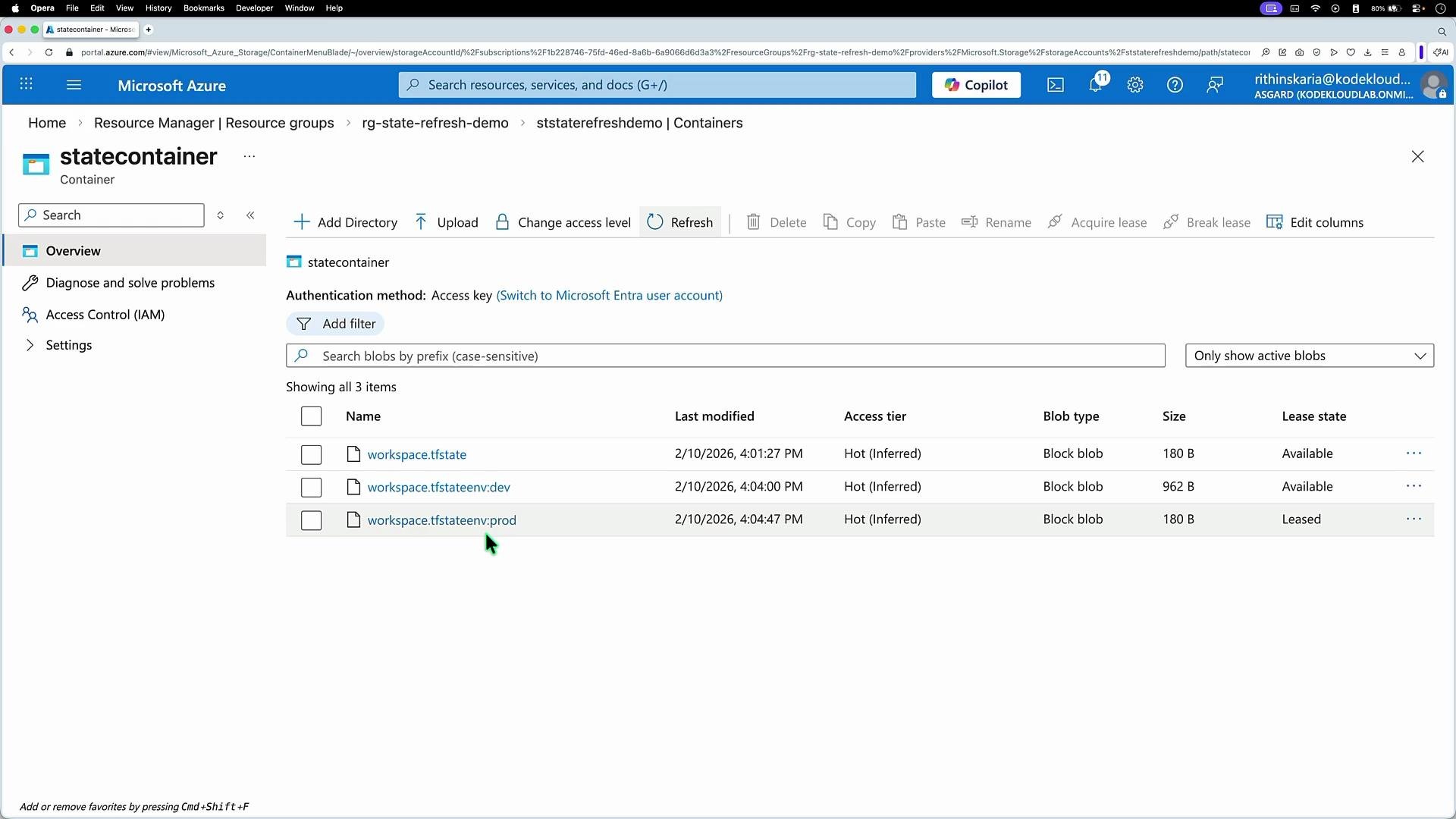 The image shows a Microsoft Azure storage container interface listing three blob items with their names, modification dates, access tiers, blob types, sizes, and lease states.