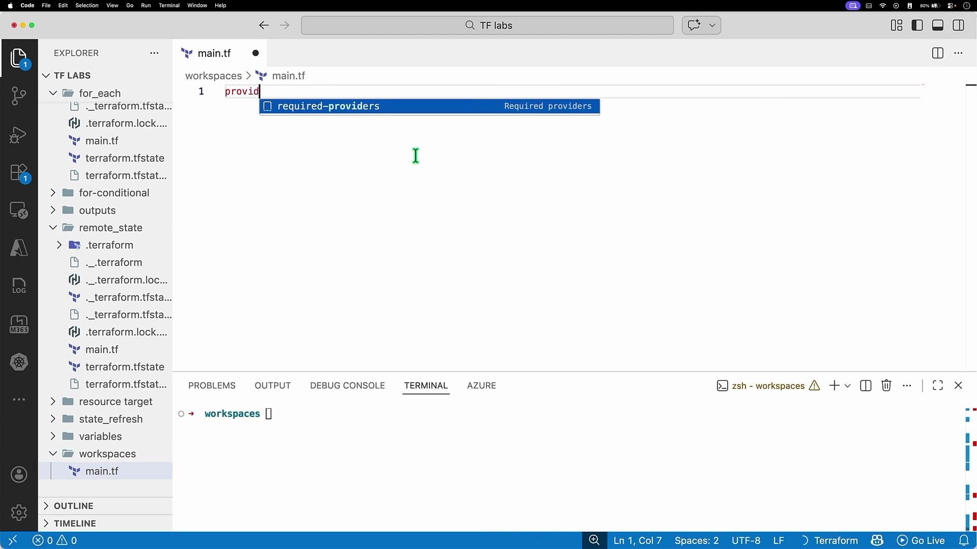 The image shows a Visual Studio Code editor window with a Terraform configuration file open, displaying a directory structure on the left sidebar and a suggestion for "required-providers" under the "provider" keyword.