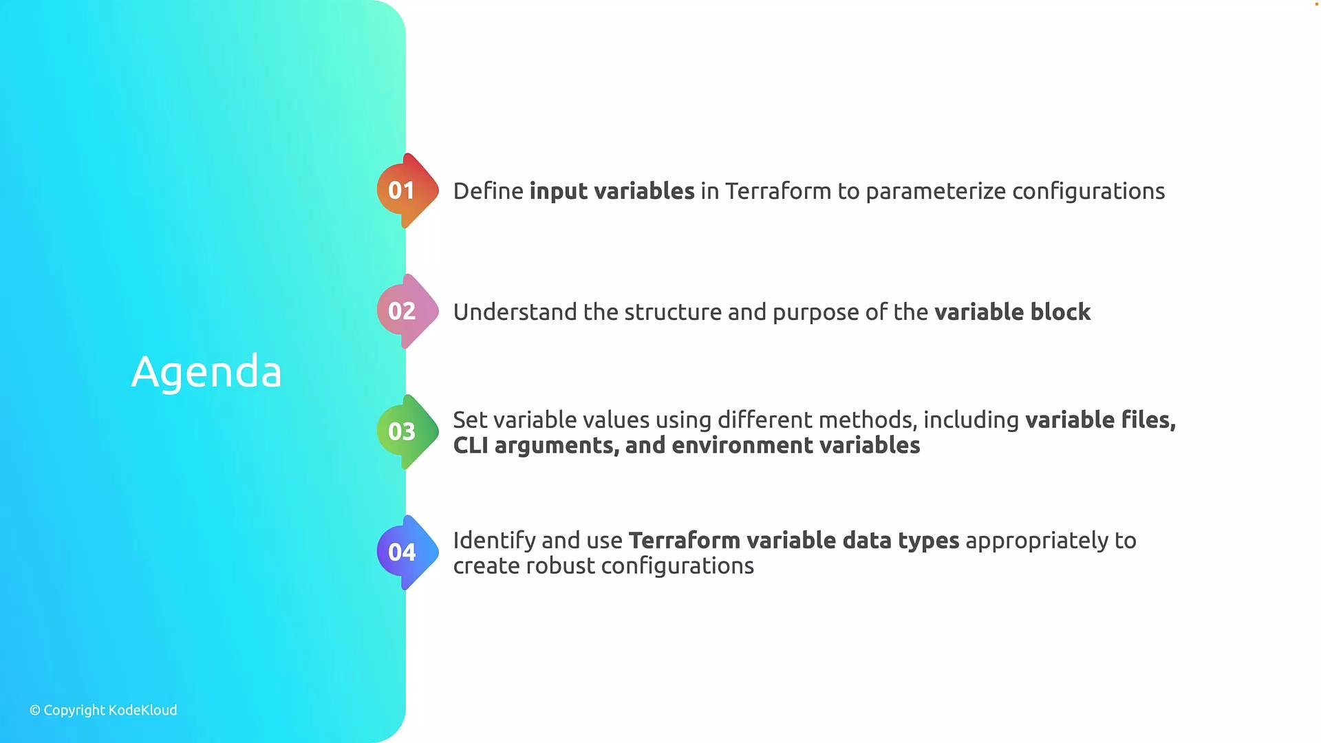 The image presents an agenda with four points about using input variables in Terraform configurations, including defining variables, understanding variable blocks, setting variable values, and identifying data types. The agenda is visually organized with numbered markers and a gradient background.