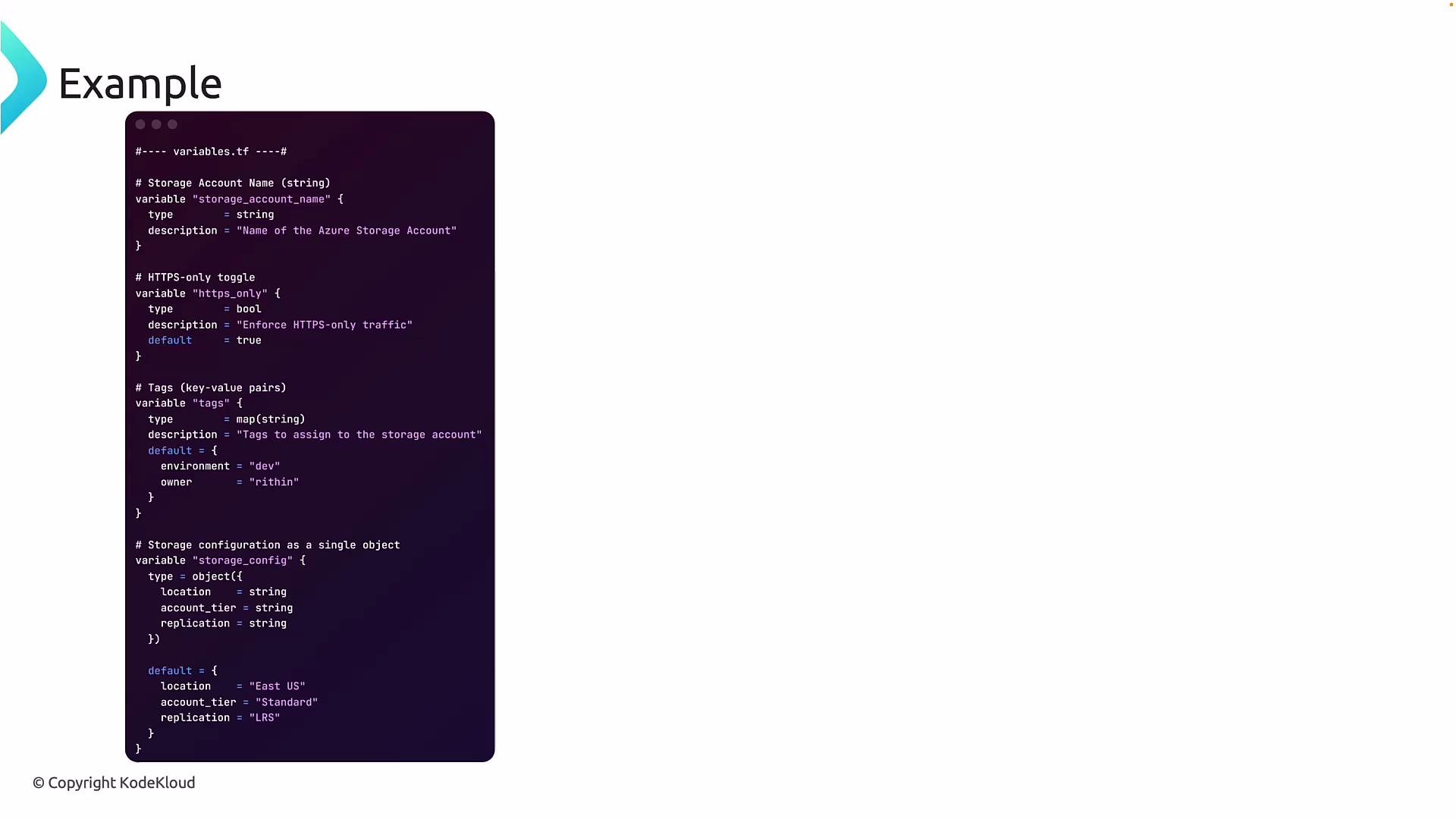 The image shows a code snippet from a Terraform configuration file defining variables for a storage account. It includes settings for the storage account name, HTTPS-only toggle, tags, and storage configuration.
