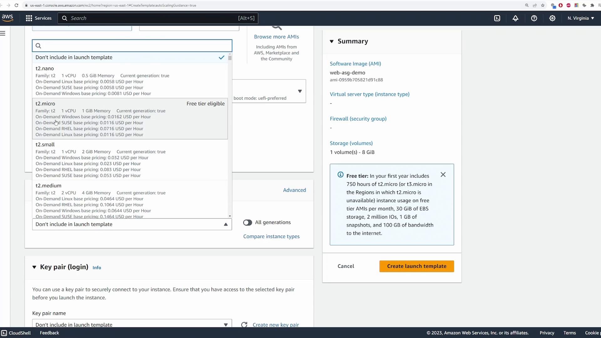 A screenshot of the AWS EC2 console showing the "Create launch template" page with an instance type dropdown (t2.nano, t2.micro, etc.) and a summary panel on the right listing the selected AMI, storage, and a "Create launch template" button. The free-tier eligibility note for t2.micro is visible.