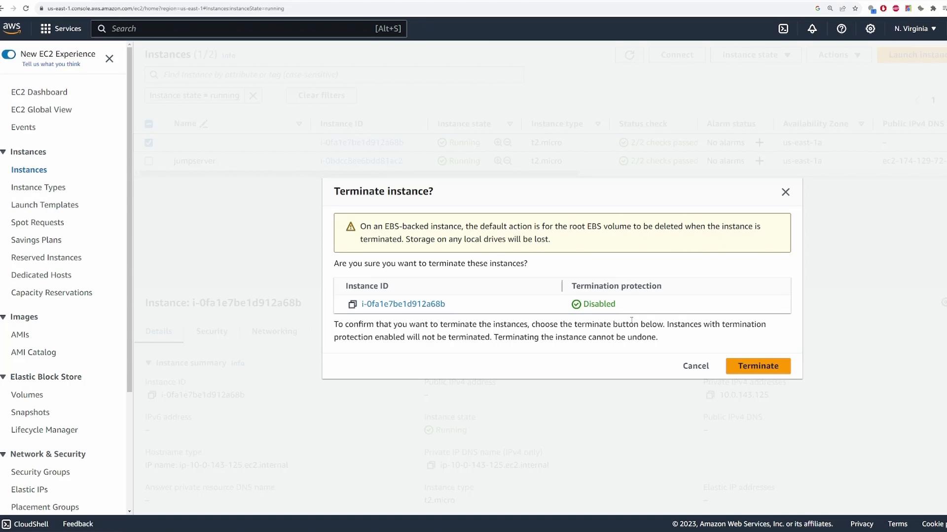 A screenshot of the AWS EC2 console showing a "Terminate instance?" confirmation dialog warning that the root EBS volume will be deleted. It lists an instance ID with termination protection disabled and shows Cancel and Terminate buttons, with the EC2 navigation pane visible on the left.