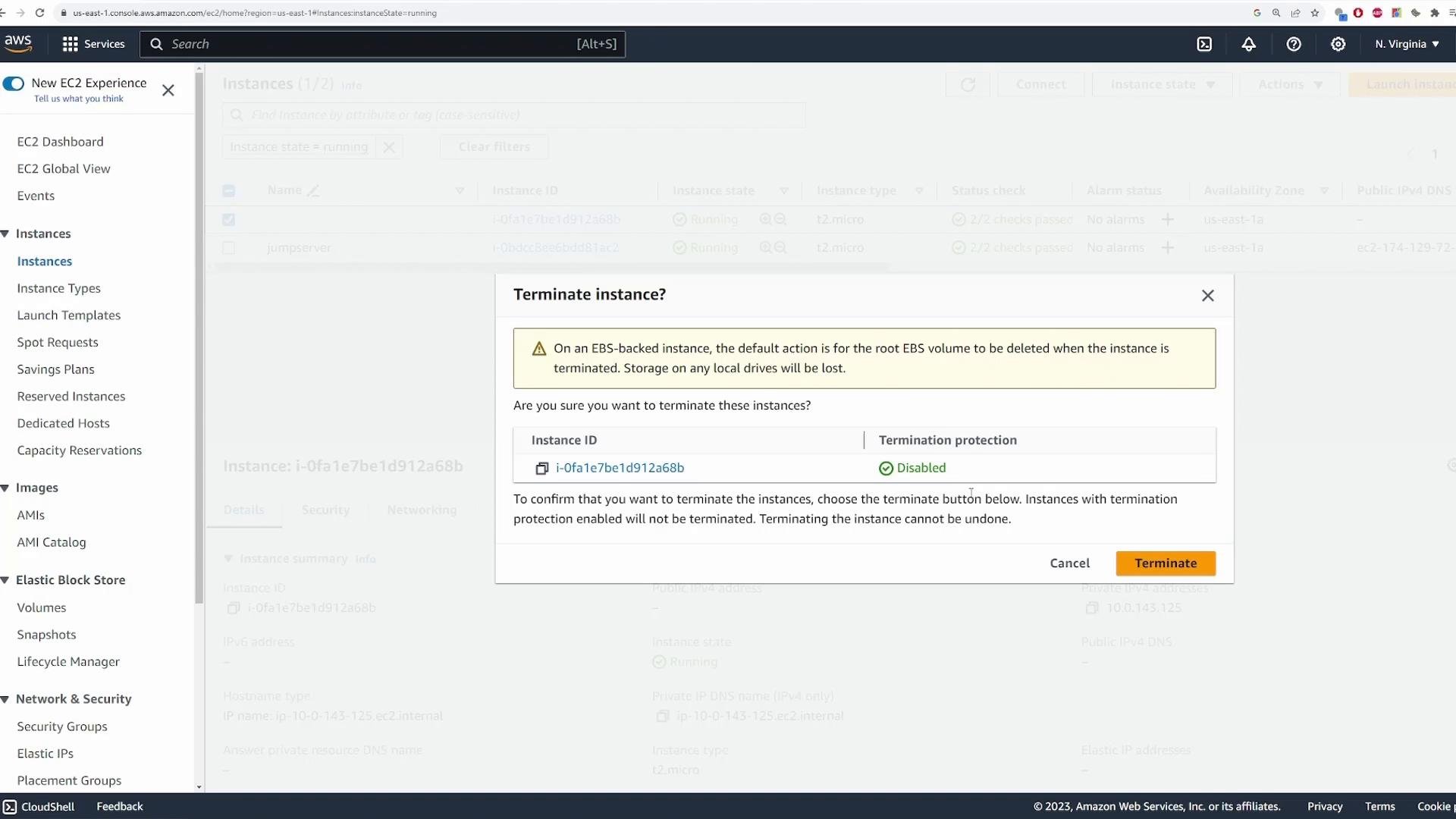 A screenshot of the AWS EC2 console showing a "Terminate instance?" confirmation dialog warning that the root EBS volume will be deleted. It lists an instance ID with termination protection disabled and shows Cancel and Terminate buttons, with the EC2 navigation pane visible on the left.