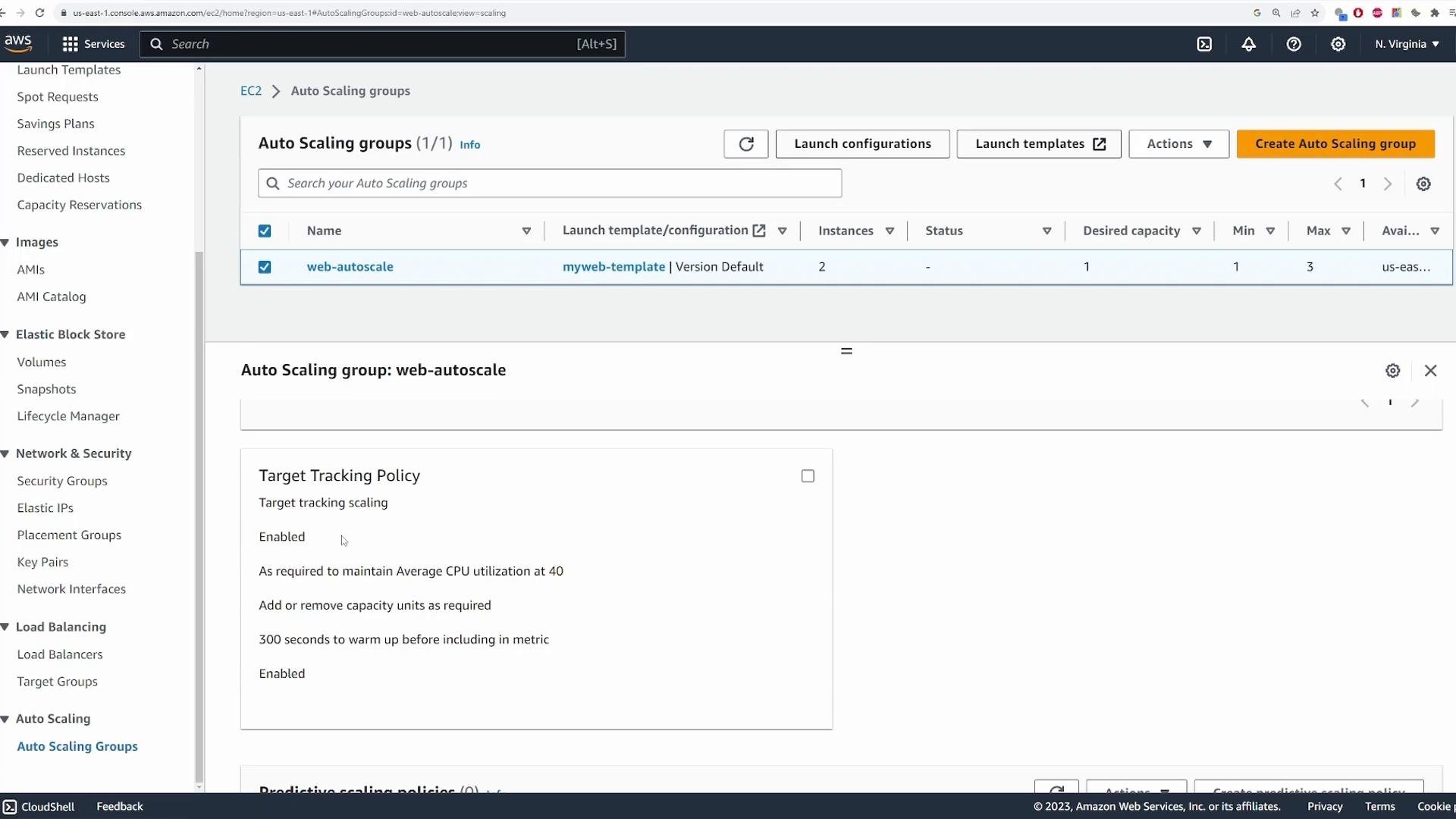 A screenshot of the AWS EC2 Auto Scaling Groups console. It shows an auto scaling group named "web-autoscale" with target-tracking scaling enabled to maintain average CPU utilization at 40%.