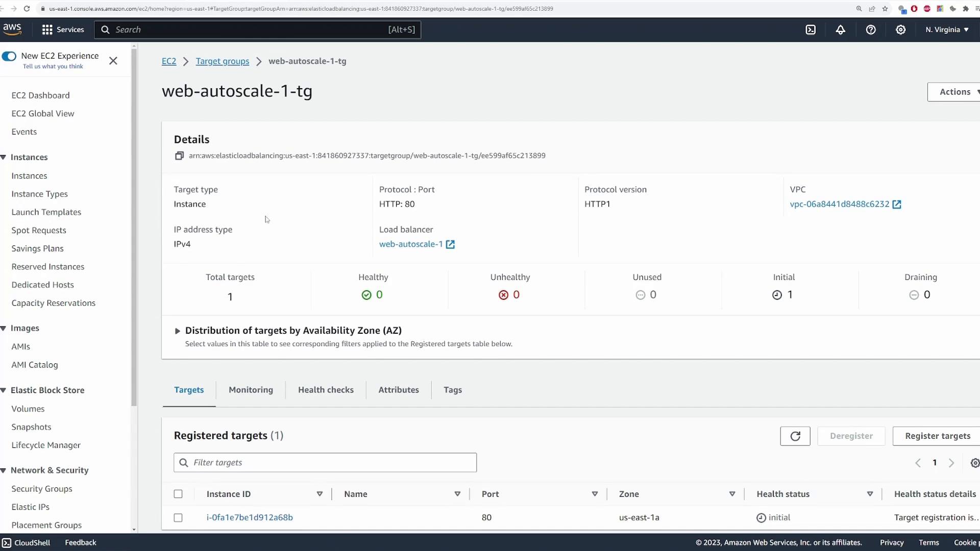 A screenshot of the AWS EC2/Target Groups console showing the "web-autoscale-1-tg" target group. It shows one registered instance using HTTP port 80 with health status listed as initial (0 healthy).