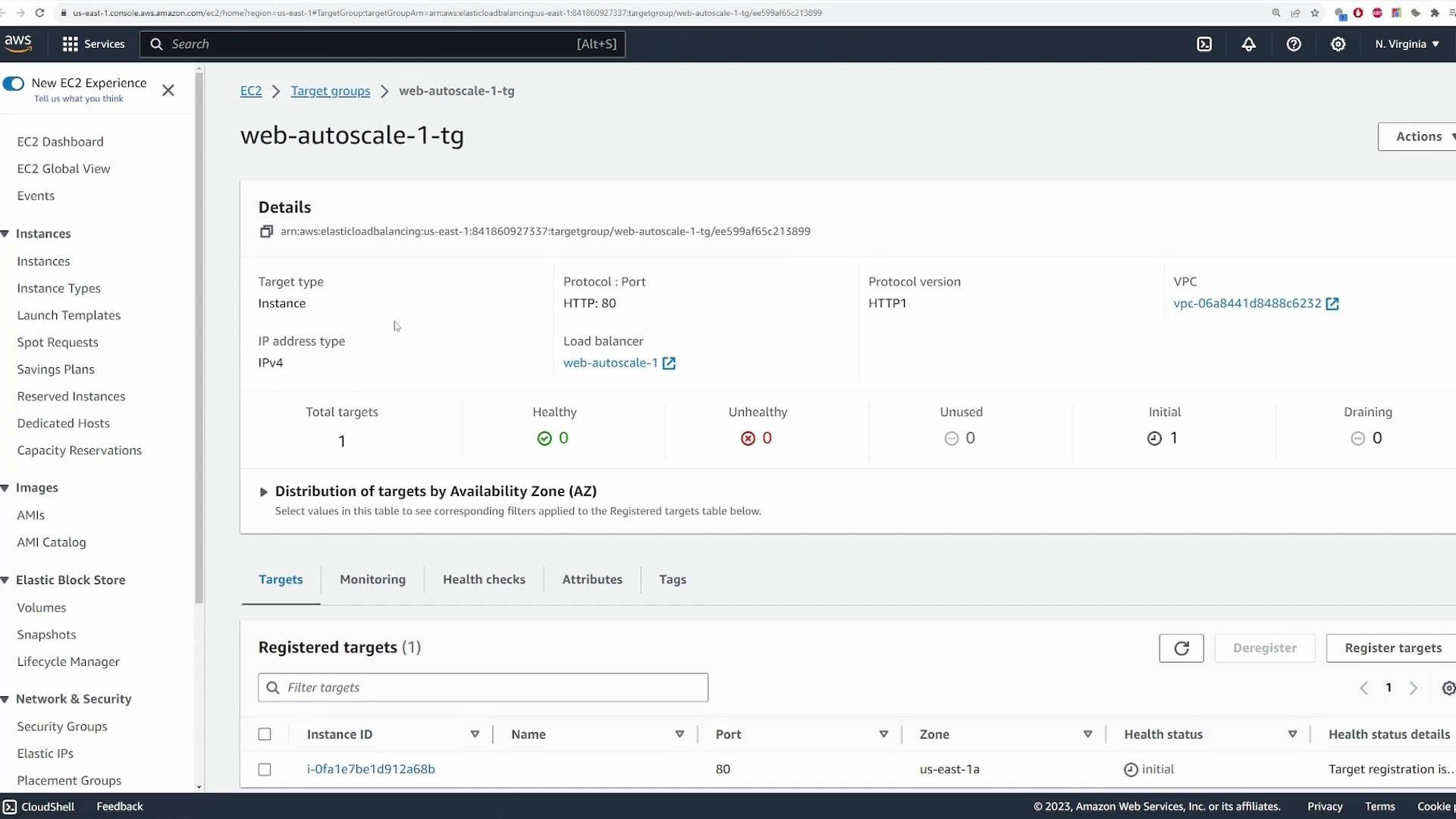 A screenshot of the AWS EC2/Target Groups console showing the "web-autoscale-1-tg" target group. It shows one registered instance using HTTP port 80 with health status listed as initial (0 healthy).