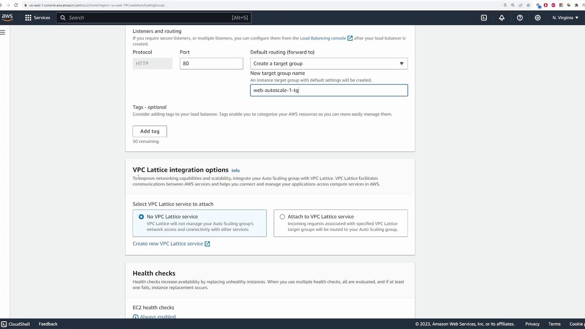 A screenshot of the AWS EC2 Auto Scaling setup page showing the "Listeners and routing" section with Protocol HTTP, Port 80 and a new target group named "web-autoscale-1-tg." Below it are VPC Lattice integration options and sections for health checks.