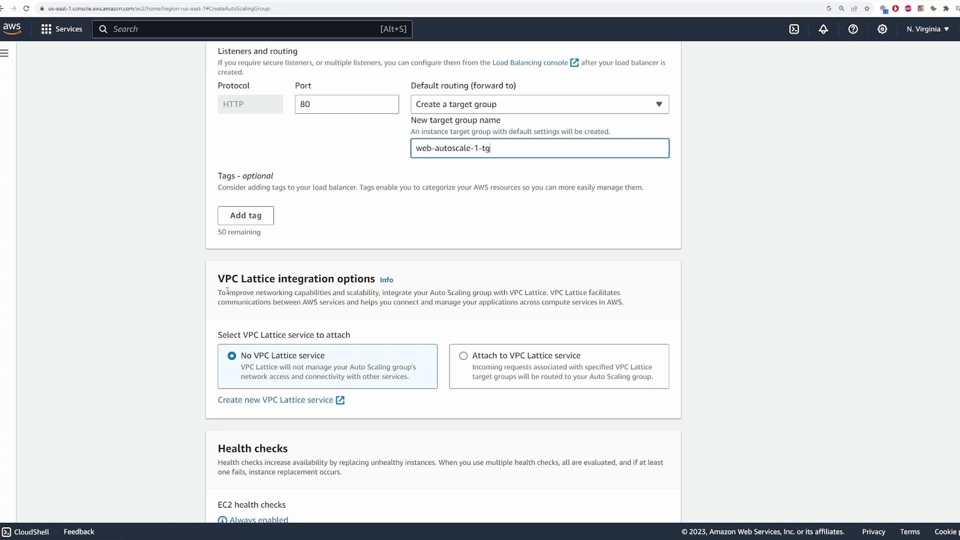 A screenshot of the AWS EC2 Auto Scaling setup page showing the "Listeners and routing" section with Protocol HTTP, Port 80 and a new target group named "web-autoscale-1-tg." Below it are VPC Lattice integration options and sections for health checks.
