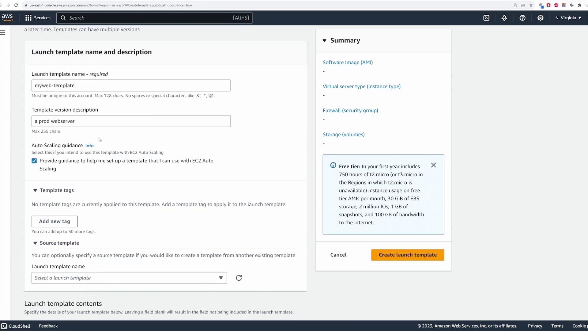 A screenshot of the AWS EC2 console showing the "Launch template name and description" form filled with "myweb-template" and description "a prod webserver." A right-hand summary panel and an orange "Create launch template" button are visible.
