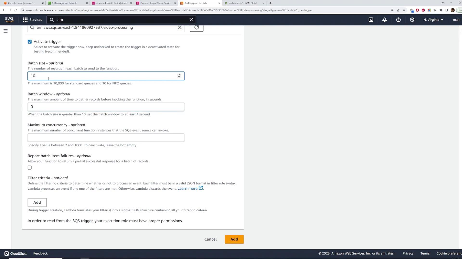 A screenshot of the AWS Lambda console "Add trigger" panel for an SQS event source, showing options like "Activate trigger," "Batch size" (set to 10), "Batch window," and "Maximum concurrency." The page includes an "Add" button at the bottom to create the trigger.
