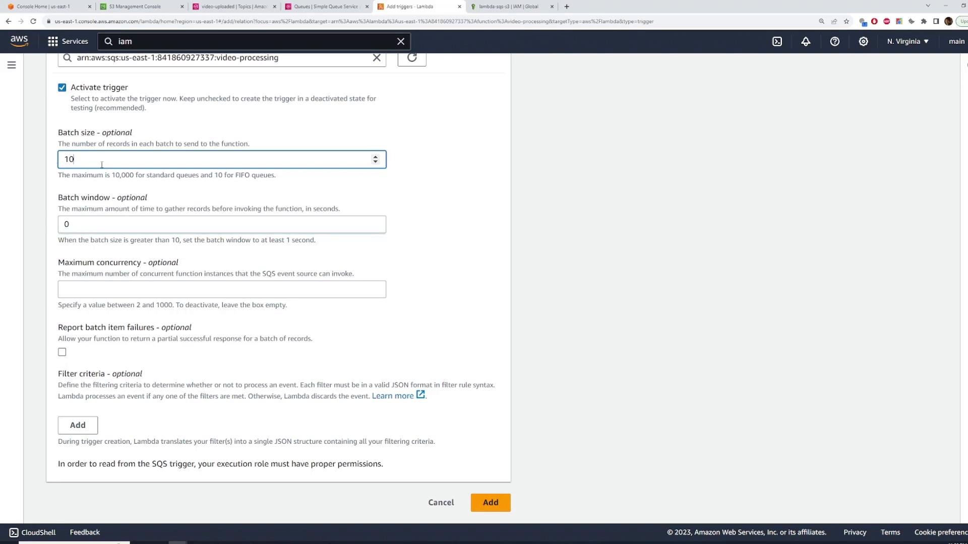 A screenshot of the AWS Lambda console "Add trigger" panel for an SQS event source, showing options like "Activate trigger," "Batch size" (set to 10), "Batch window," and "Maximum concurrency." The page includes an "Add" button at the bottom to create the trigger.