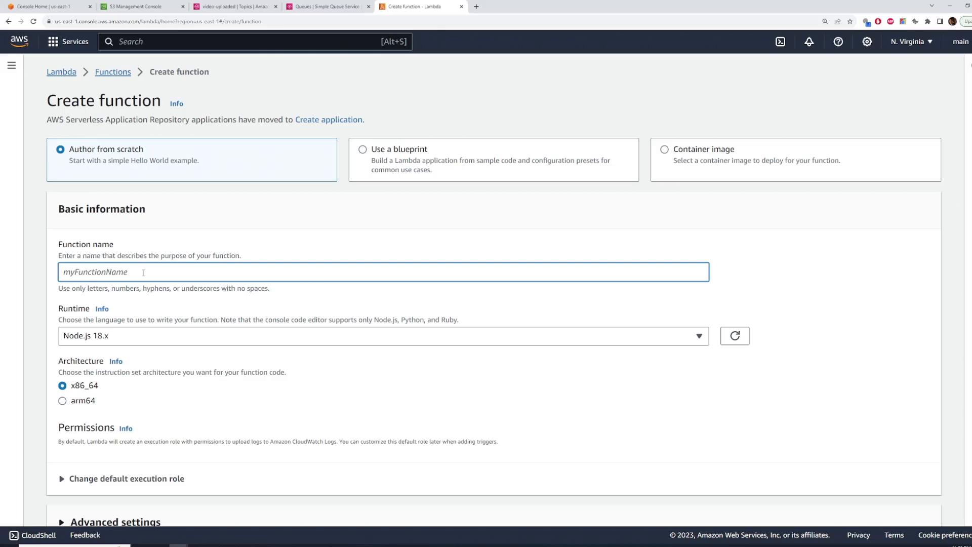 Screenshot of the AWS Lambda "Create function" web console. It shows options to author a function (from scratch, blueprint, or container image) and form fields for function name, runtime (Node.js 18.x) and architecture selection.