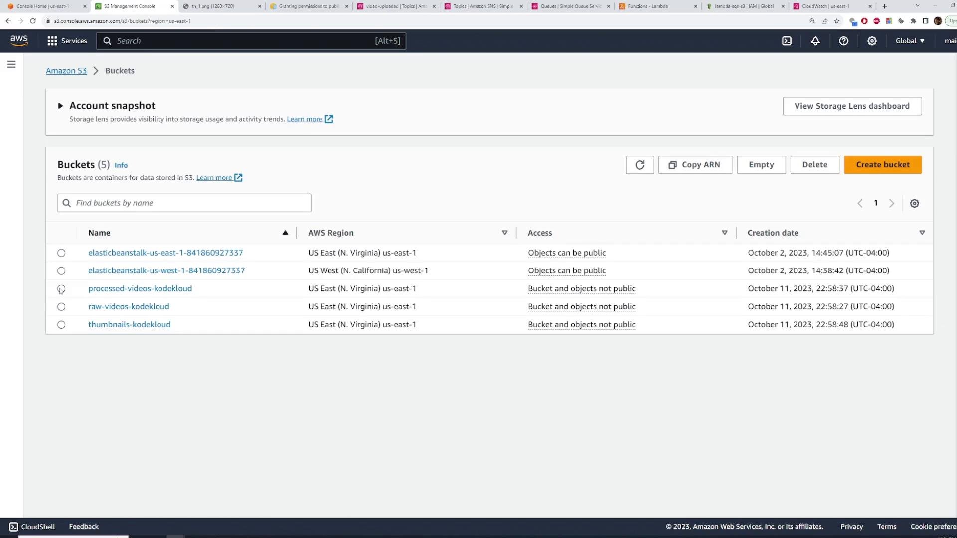 A screenshot of the AWS S3 Management Console showing a list of S3 buckets with their names, AWS regions, access settings, and creation dates. The toolbar with actions like Create bucket, Delete, and Copy ARN is visible.