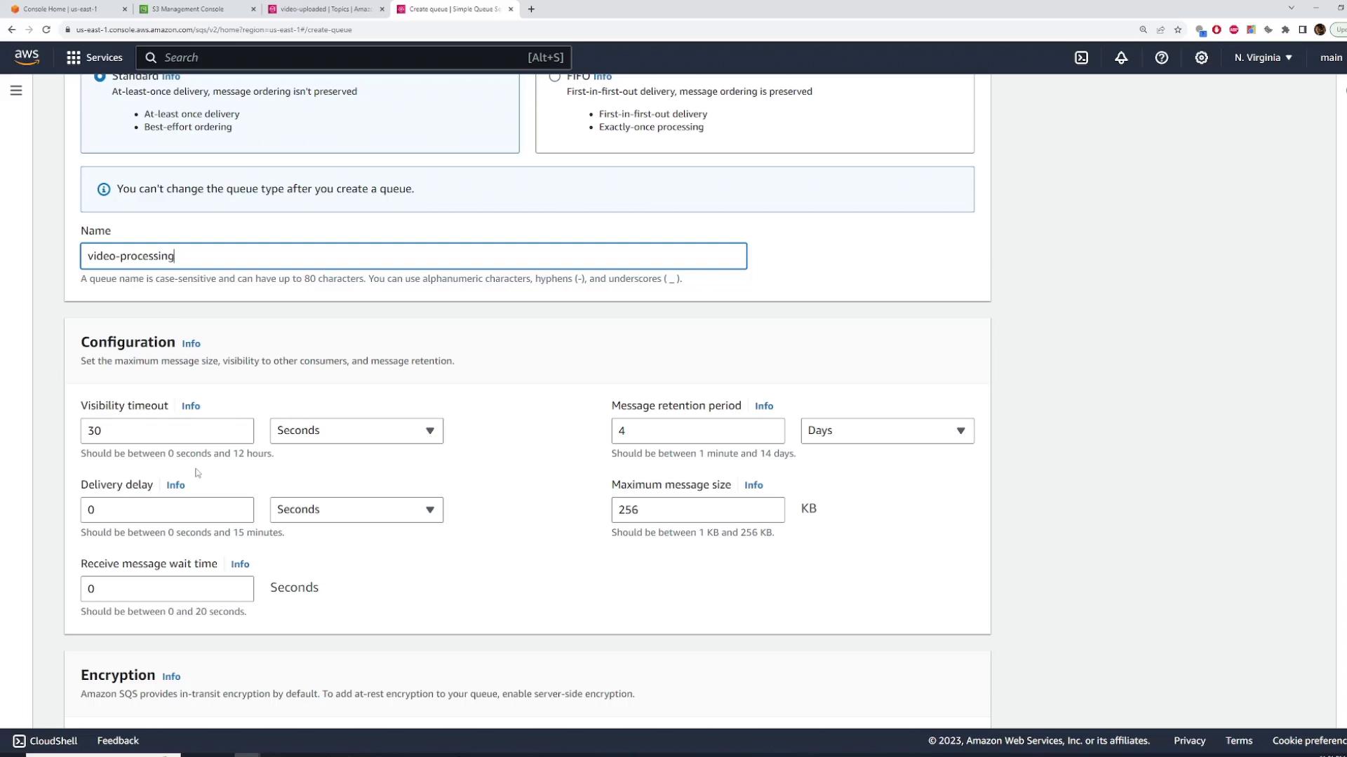 A screenshot of the AWS Management Console showing the Amazon SQS "Create queue" page with a queue named "video-processing" and configuration fields. It shows settings like visibility timeout (30 seconds), message retention (4 days), maximum message size (256 KB), delivery delay, and encryption options.