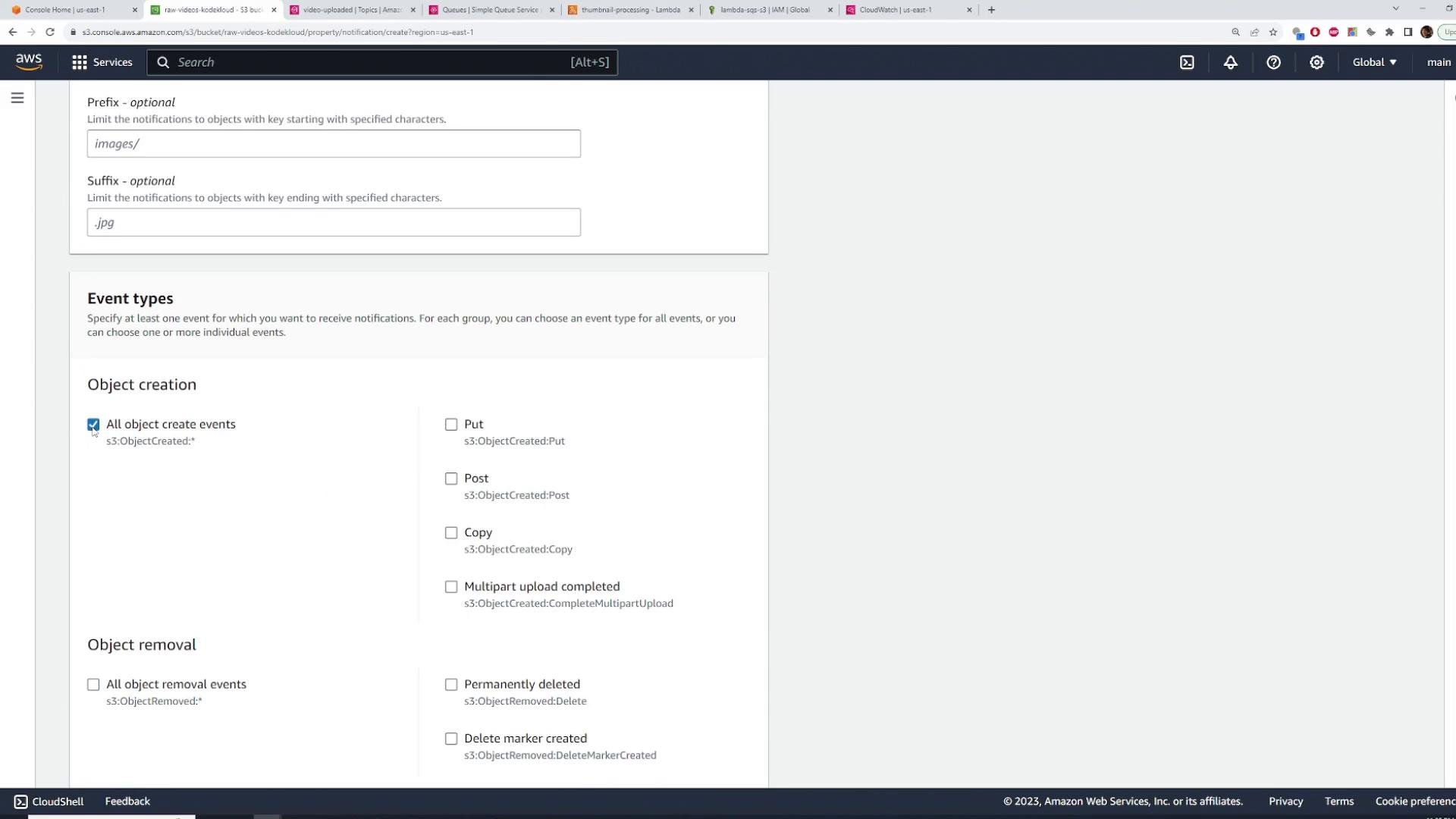 The screenshot shows the AWS S3 console's notification configuration page with fields for Prefix ("images/") and Suffix (".jpg"). The Event types section is visible with "All object create events" checked and other object create/remove options listed.