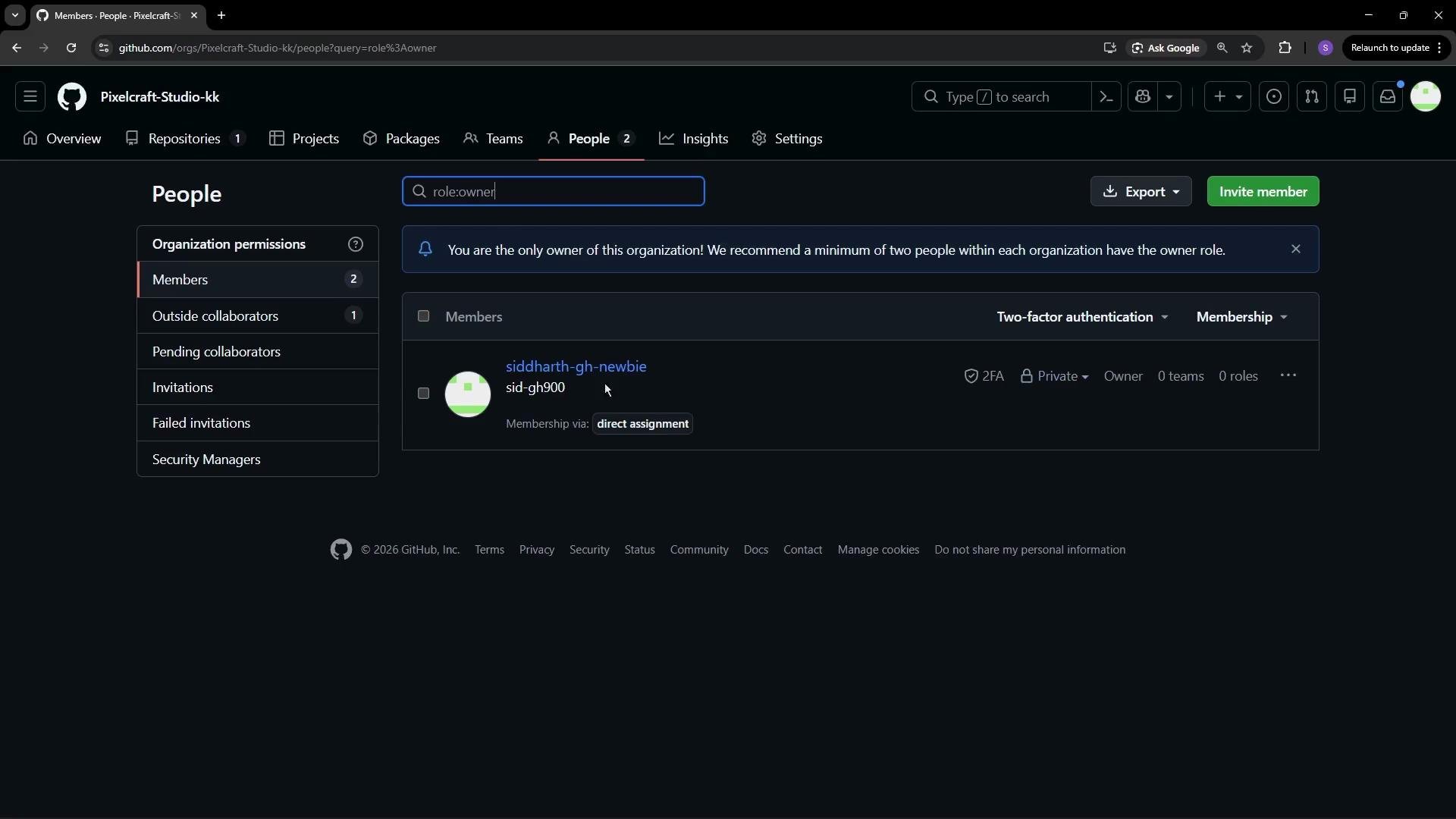 The image shows a GitHub organization page titled "Pixelcraft-Studio-kk," displaying a member list where one user, marked as an owner with two-factor authentication enabled, is present.