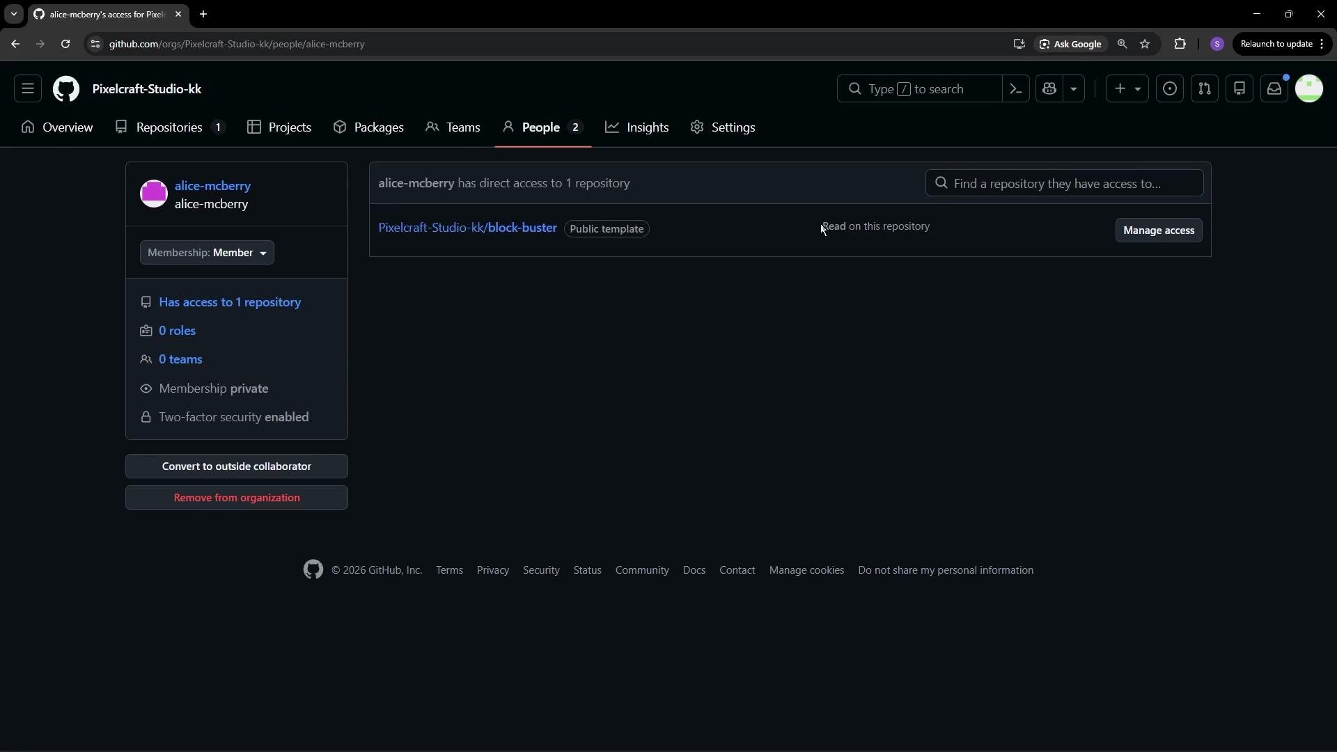 The image shows a GitHub organization page for "Pixelcraft-Studio-kk," displaying a member profile with access details and security settings.