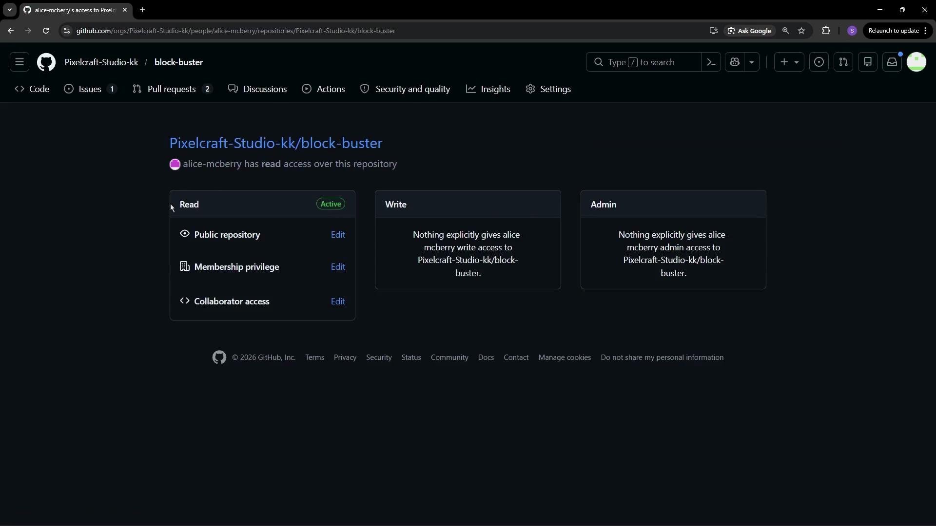 The image shows a GitHub repository access settings page for "Pixelcraft-Studio-kk/block-buster," indicating specific user permissions for reading, writing, and admin access. The user has active read access, but no explicit write or admin permissions.