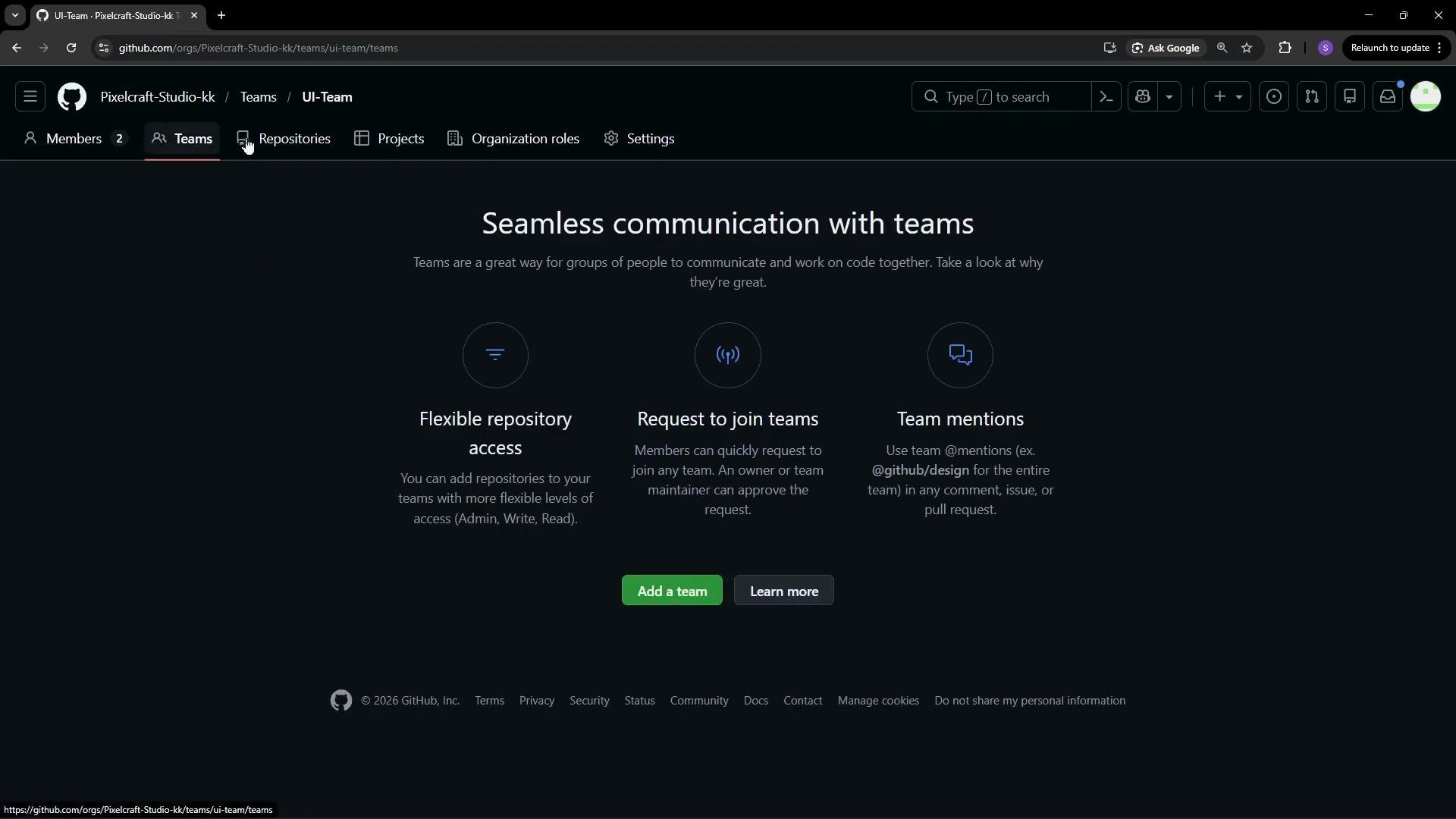 The image is a GitHub interface overview for team features, highlighting flexible repository access, team requests, and team mentions. The page includes options to add a team and learn more.