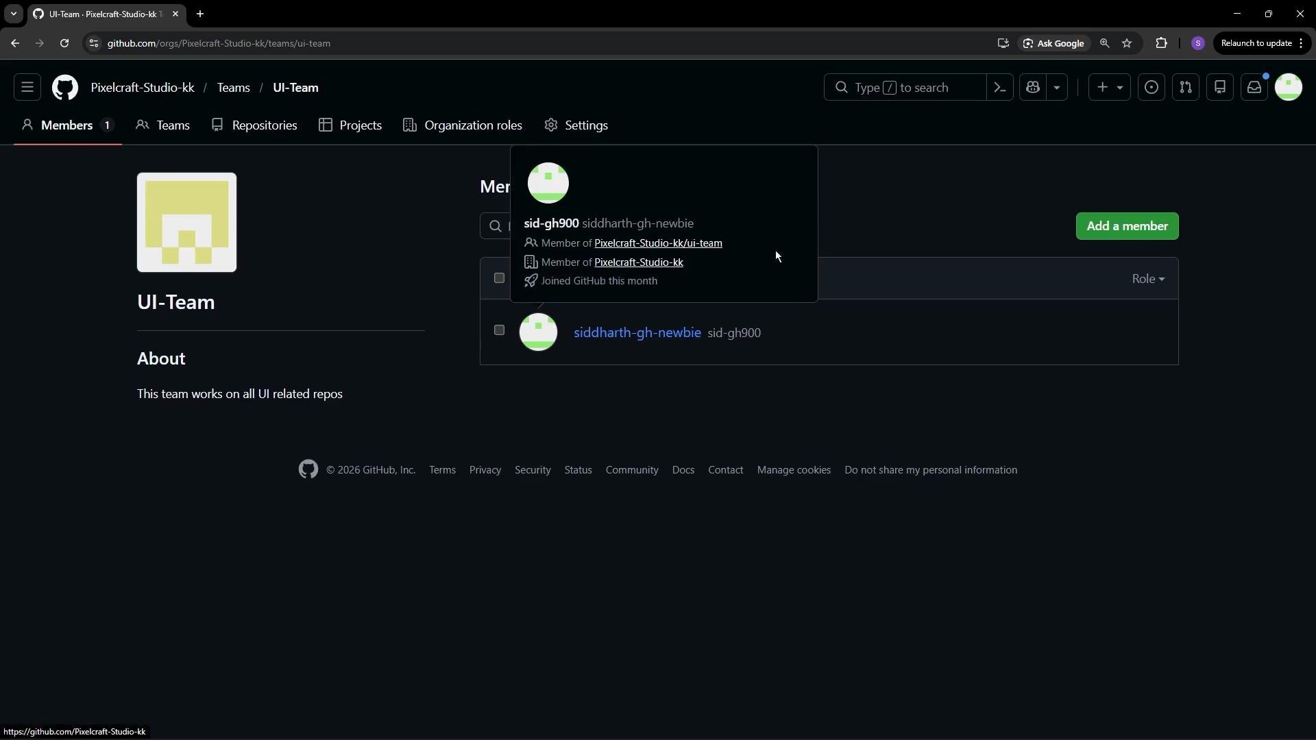 This image shows a GitHub team page for "UI-Team" under the organization "Pixelcraft-Studio-kk," listing a member named "sid-gh900." The interface includes options for managing team members and roles.