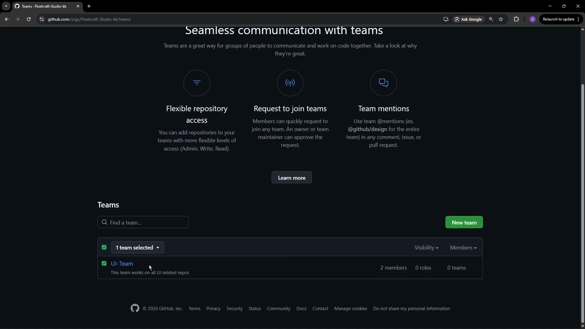 The image shows a GitHub page titled "Seamless communication with teams," highlighting features for team collaboration, and includes a section for managing teams, with one team called "UI-Team" selected.