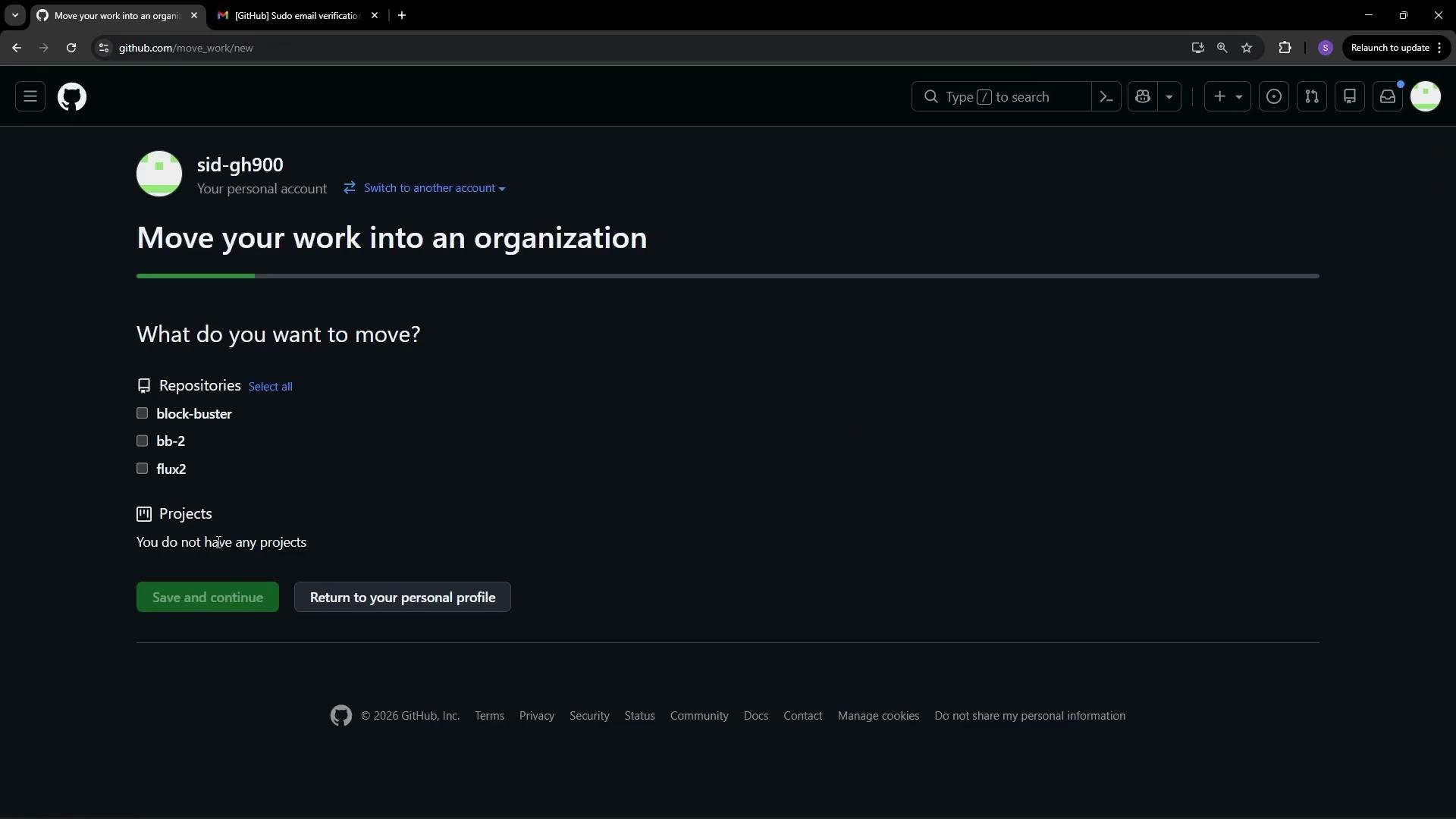 The image shows a GitHub interface for moving work into an organization, listing repositories like "block-buster," "bb-2," and "flux2," with options to select them.