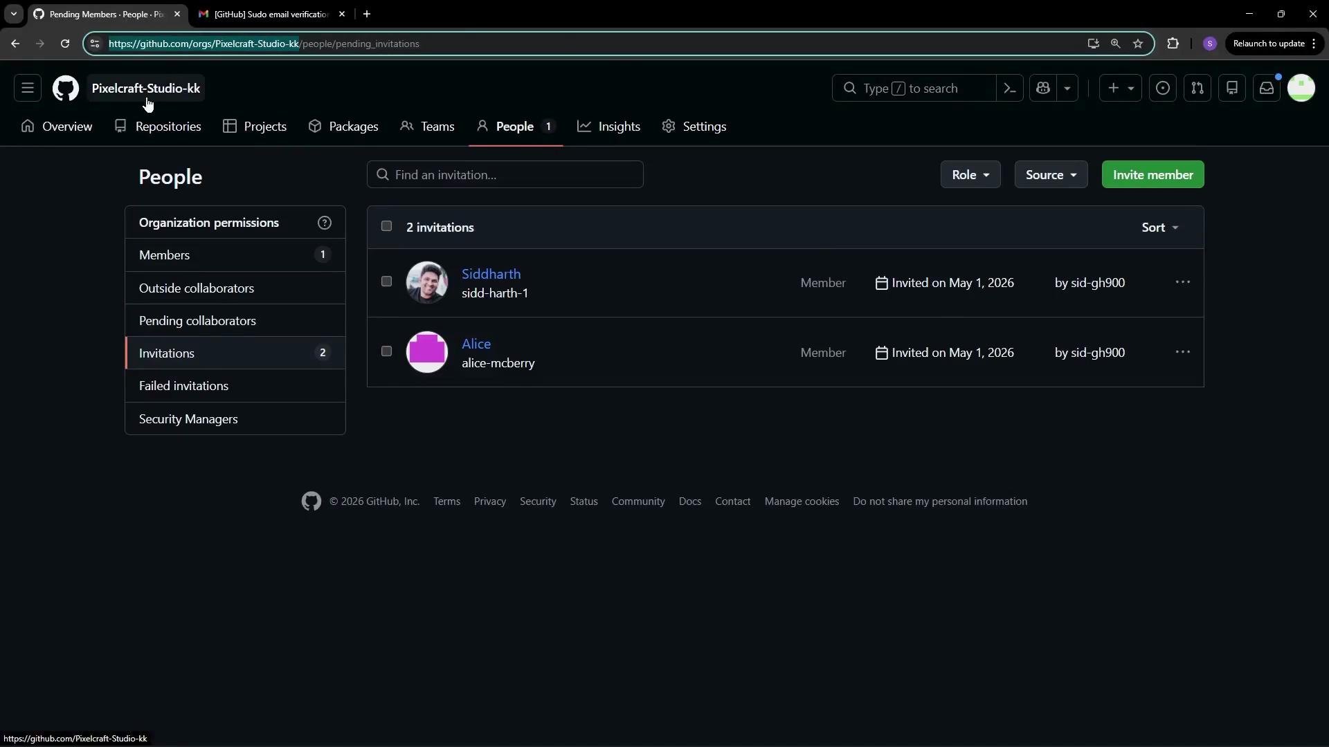 This image shows a GitHub organization’s "People" tab, specifically the "Invitations" section, listing two pending invitations for members "Siddharth" and "Alice" with invitation details.
