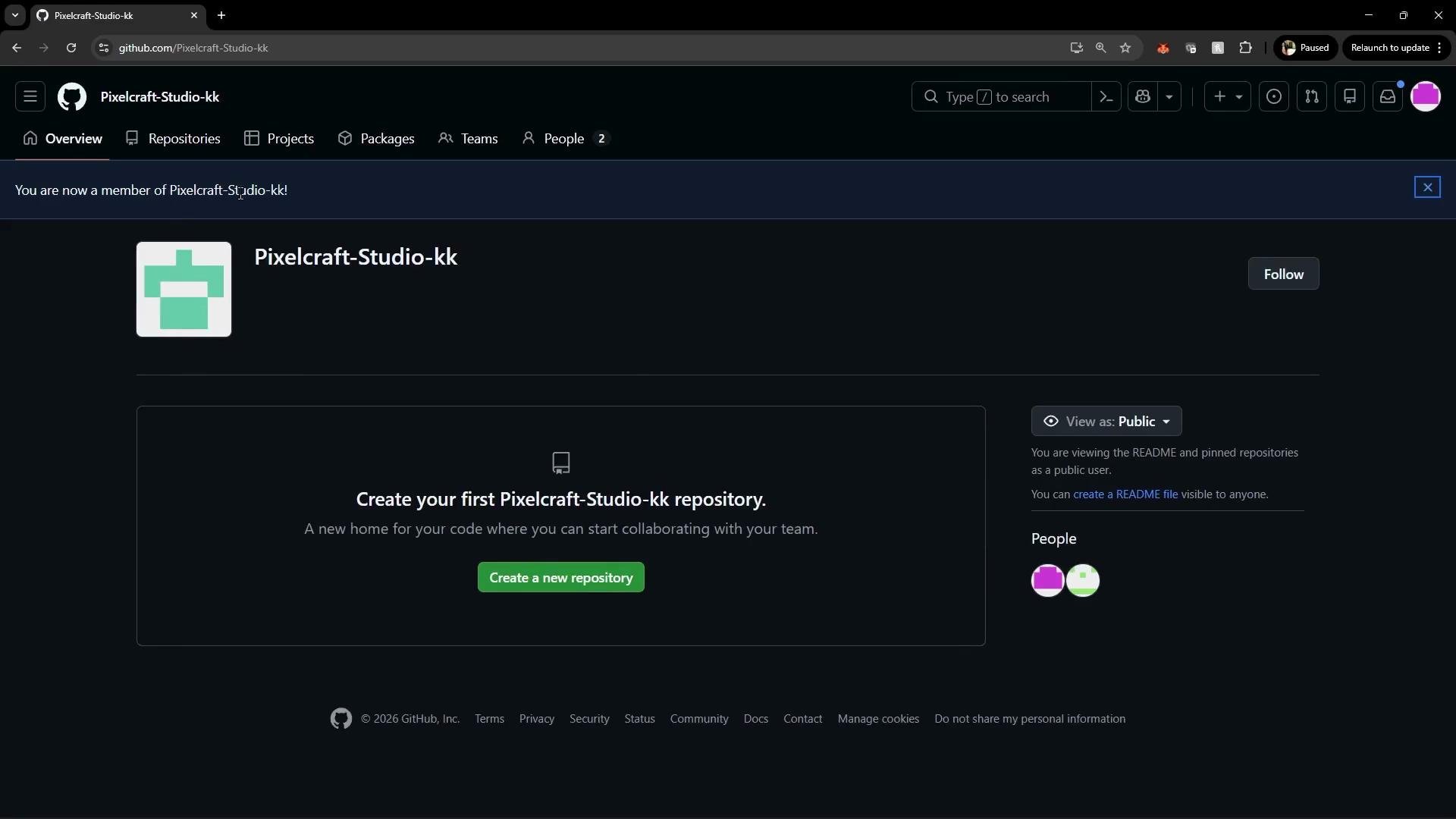 The image shows a GitHub page for an organization named "Pixelcraft-Studio-kk," inviting users to create a new repository. It features an icon and some user avatars.