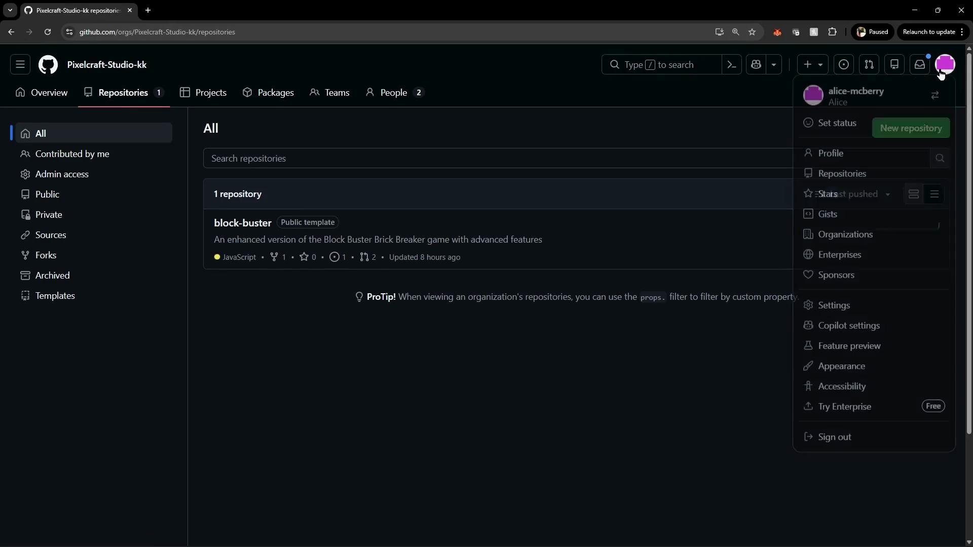 The image shows a GitHub repository page for "Pixelcraft-Studio-kk," featuring a public template repository named "block-buster" for a JavaScript game. The user's profile dropdown is open, revealing options like status and repository management.