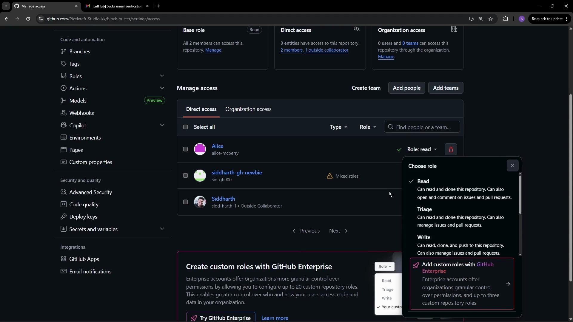 The image shows a GitHub repository settings page for managing access, where different users are listed with specified roles and permissions. There is an emphasis on role selection, with options to read, triage, write, or add custom roles via GitHub Enterprise.