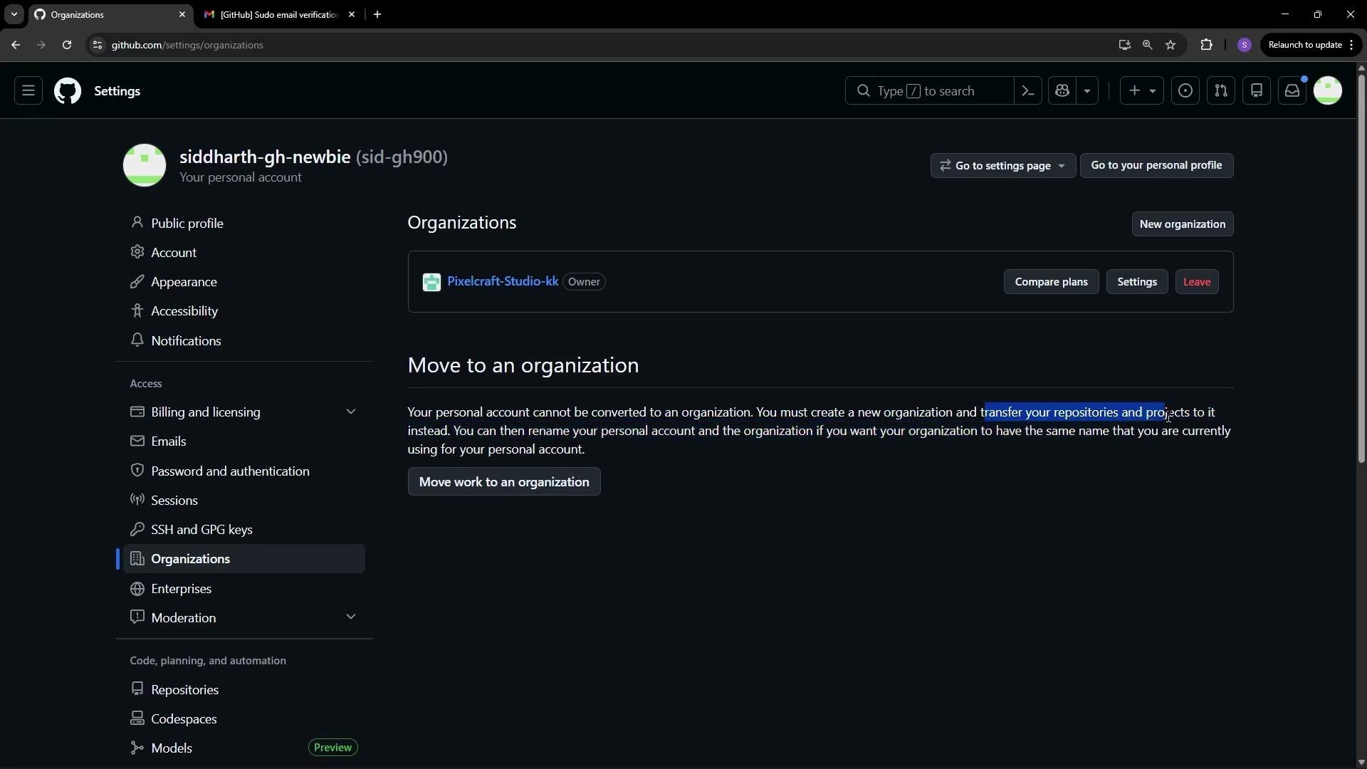 The image shows a GitHub settings page for organizations, displaying options for creating or moving work to an organization, with various settings like "Organizations" highlighted.