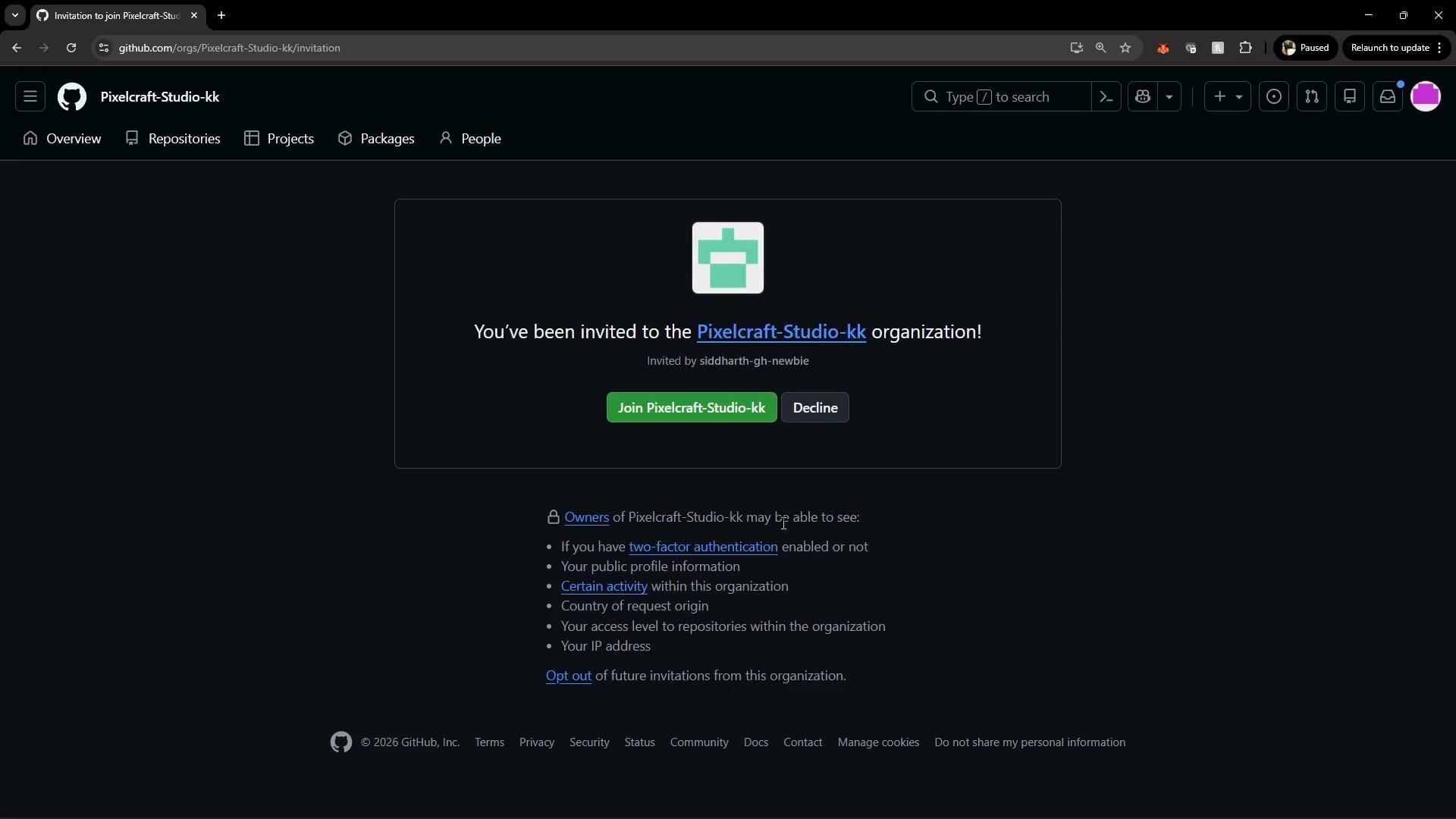 The image shows an invitation to join the "Pixelcraft-Studio-kk" organization on GitHub, with options to accept or decline the invitation.