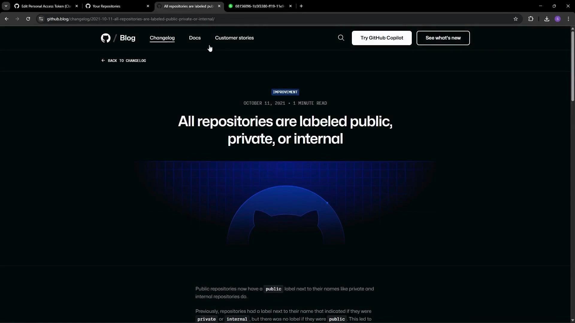 The image shows a GitHub blog post highlighting a change where all repositories are now labeled as public, private, or internal, dated October 11, 2021.