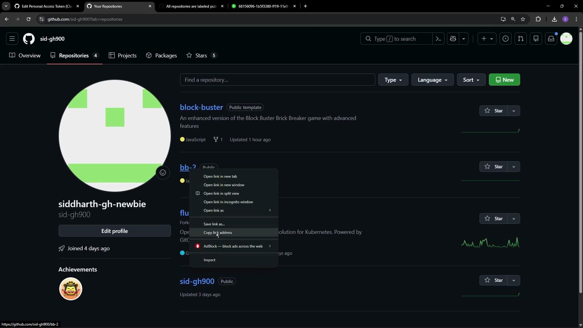 This image shows a GitHub profile page for "sid-gh900," displaying several repositories, including "block-buster" and "fluentd." A context menu with options like "Open link in new tab" is open over one of the repositories.