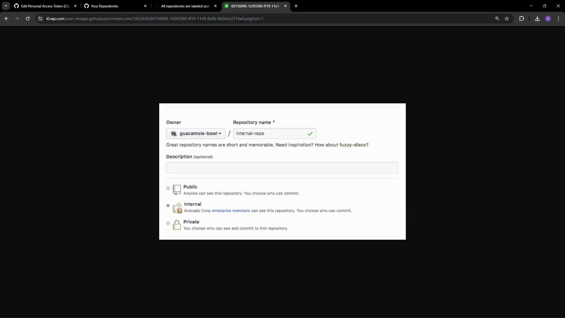 The image shows a GitHub repository creation page, where the user can specify the owner, name, description, and visibility (Public, Internal, or Private) of the repository.