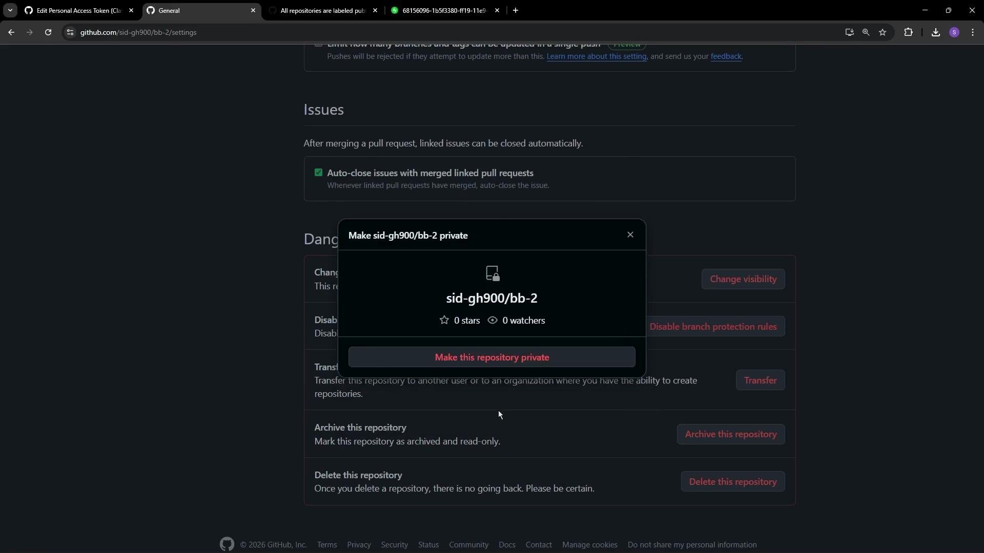 The image shows a GitHub settings page with a pop-up window prompting to make the repository "sid-gh900/bb-2" private. There are options to change visibility, disable branch protection rules, transfer, archive, or delete the repository.