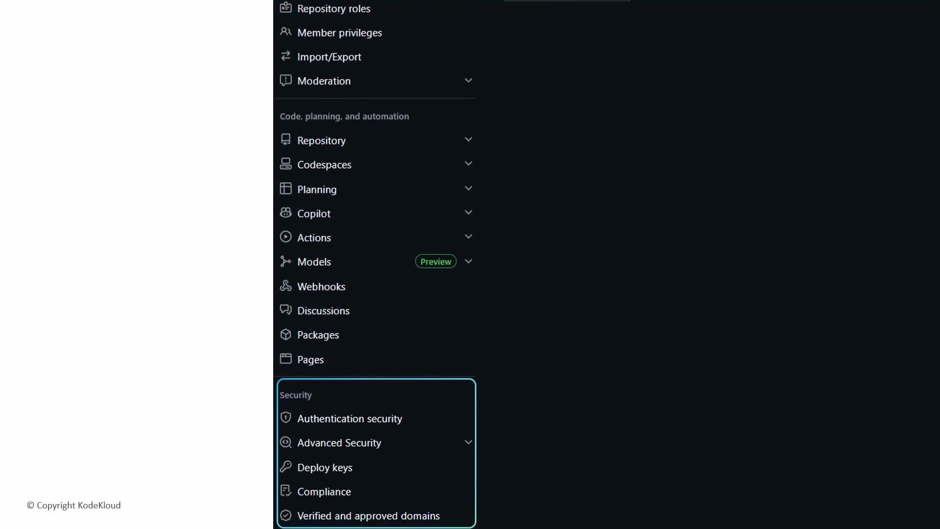 The image shows a dark-themed software settings menu with sections like repository roles, member privileges, security options, and others related to code management and automation. Various features such as authentication security, advanced security, and planning tools are listed.