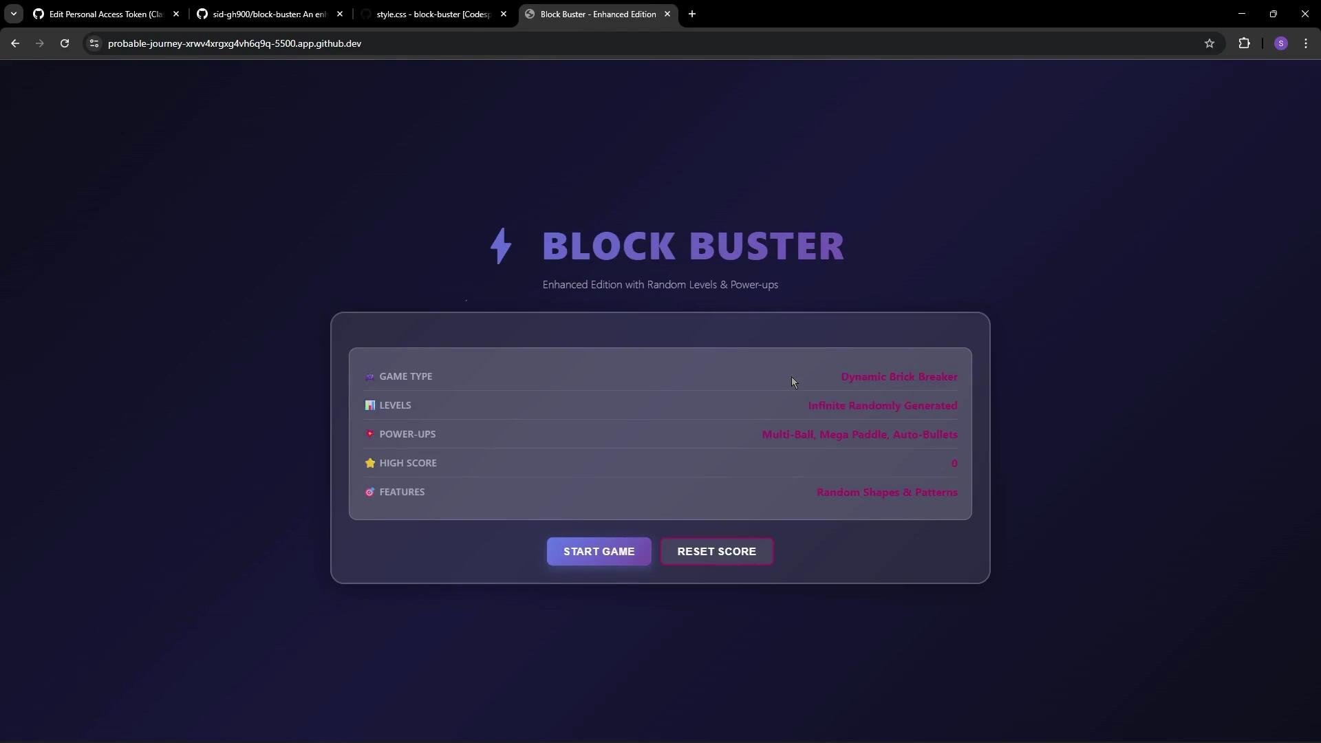 The image shows a game menu for "Block Buster" featuring options for game type, levels, power-ups, high scores, and features, with buttons to start the game or reset scores.