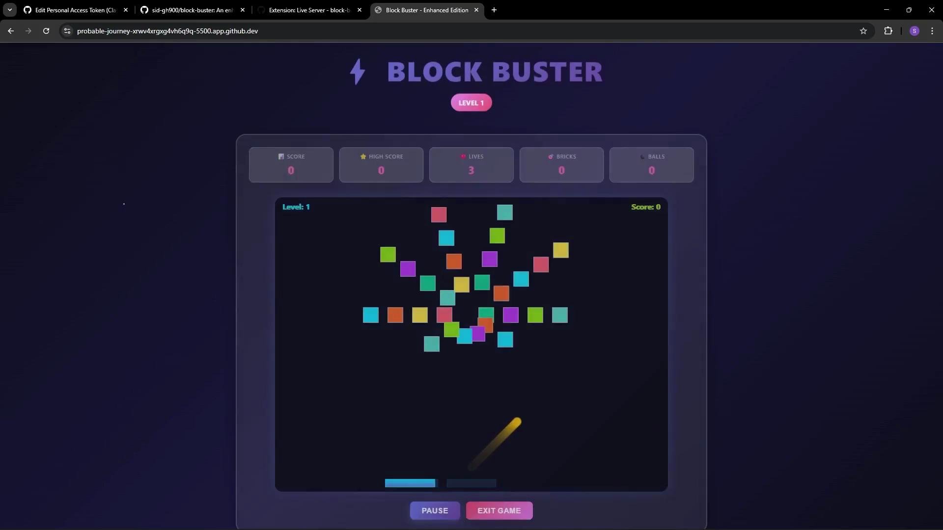 The image displays a screenshot of a video game called "Block Buster," featuring colorful blocks arranged in a pattern with a paddle and ball at the bottom. The game screen shows various statistics like score, high score, lives, and level indicators.
