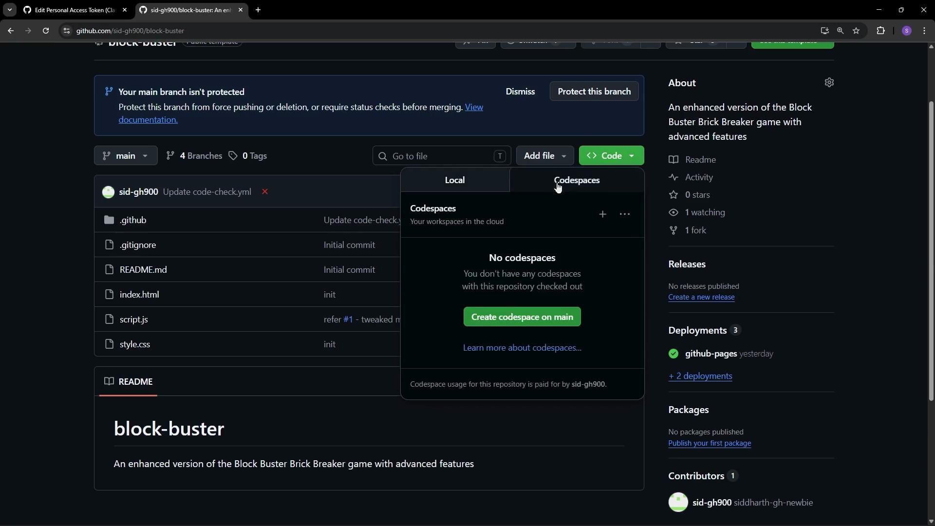 The image shows a GitHub repository page with a code files list, including HTML, CSS, and JavaScript files, and indicates that no codespaces are currently checked out for this repository.