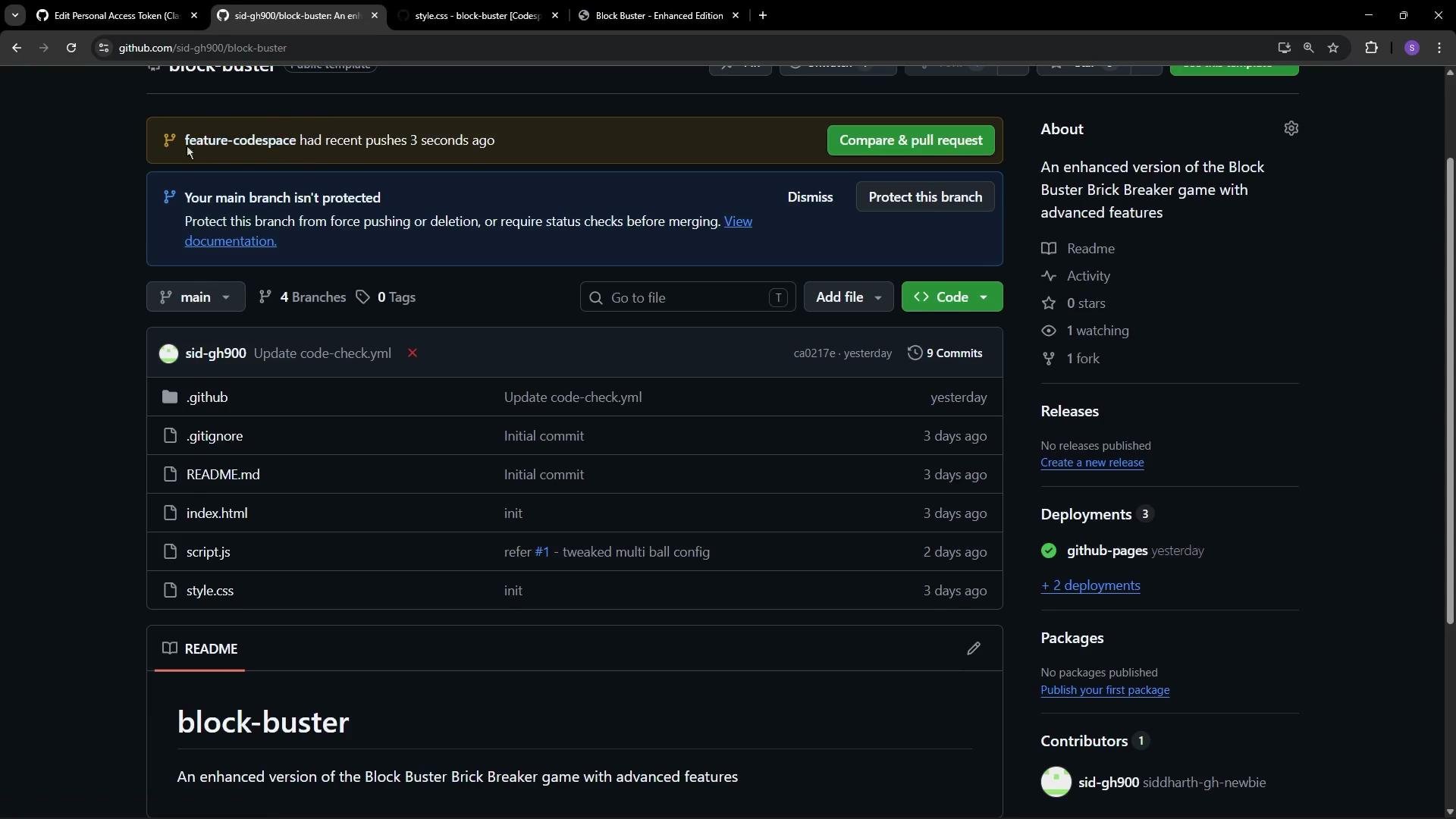 This image shows a GitHub repository page titled "block-buster," featuring various files such as .github, .gitignore, and README.md, along with additional repository details on the right side.