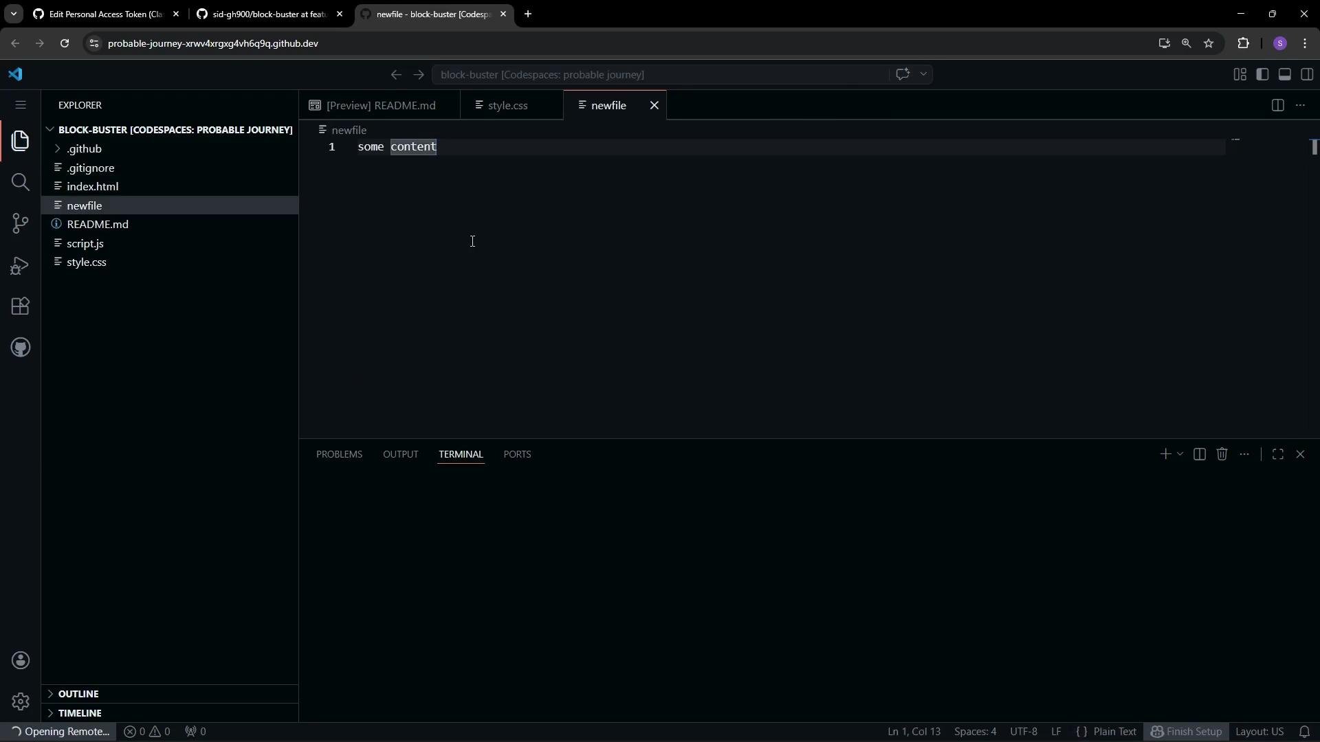 The image shows a Visual Studio Code editor with a project containing several files in the sidebar, including "index.html," "README.md," and "script.js." The content of "newfile" is displayed in the main window with the text "some content."