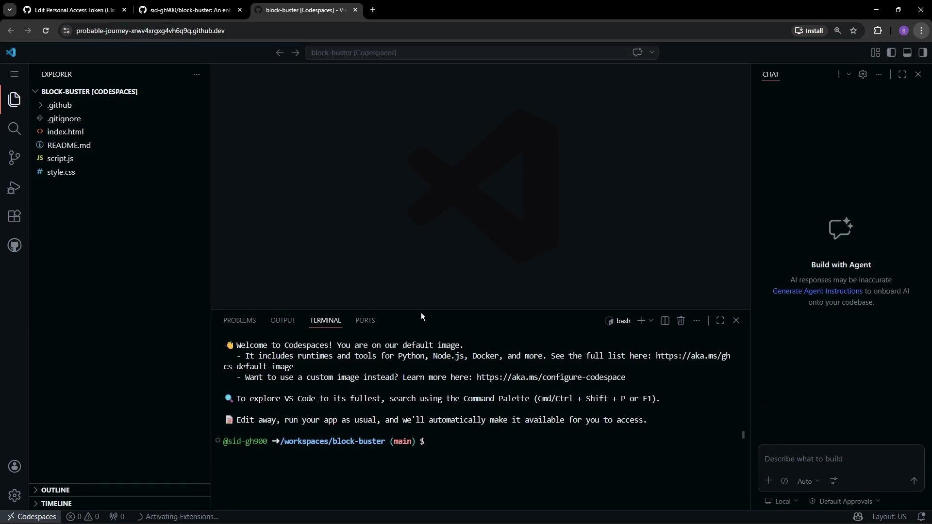 The image displays a Visual Studio Code interface running in a web browser, with a project named "block-buster" open, showing files like index.html and script.js in the explorer panel. The terminal window displays a welcome message for Codespaces, and a "Build with Agent" section is visible on the right.