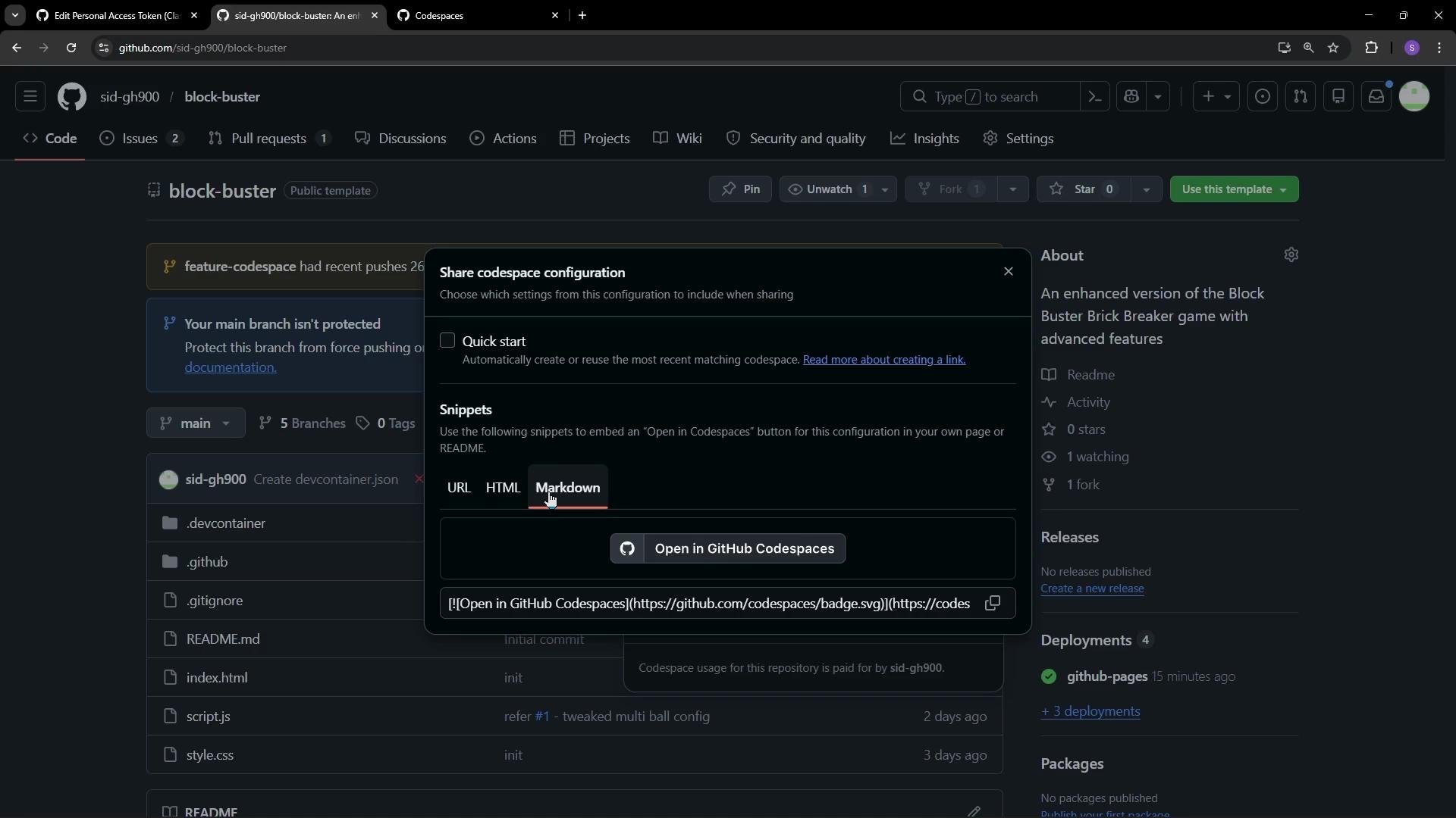 The image shows a GitHub repository page with a pop-up menu for sharing codespace configuration, displaying options for URL, HTML, and Markdown snippets.