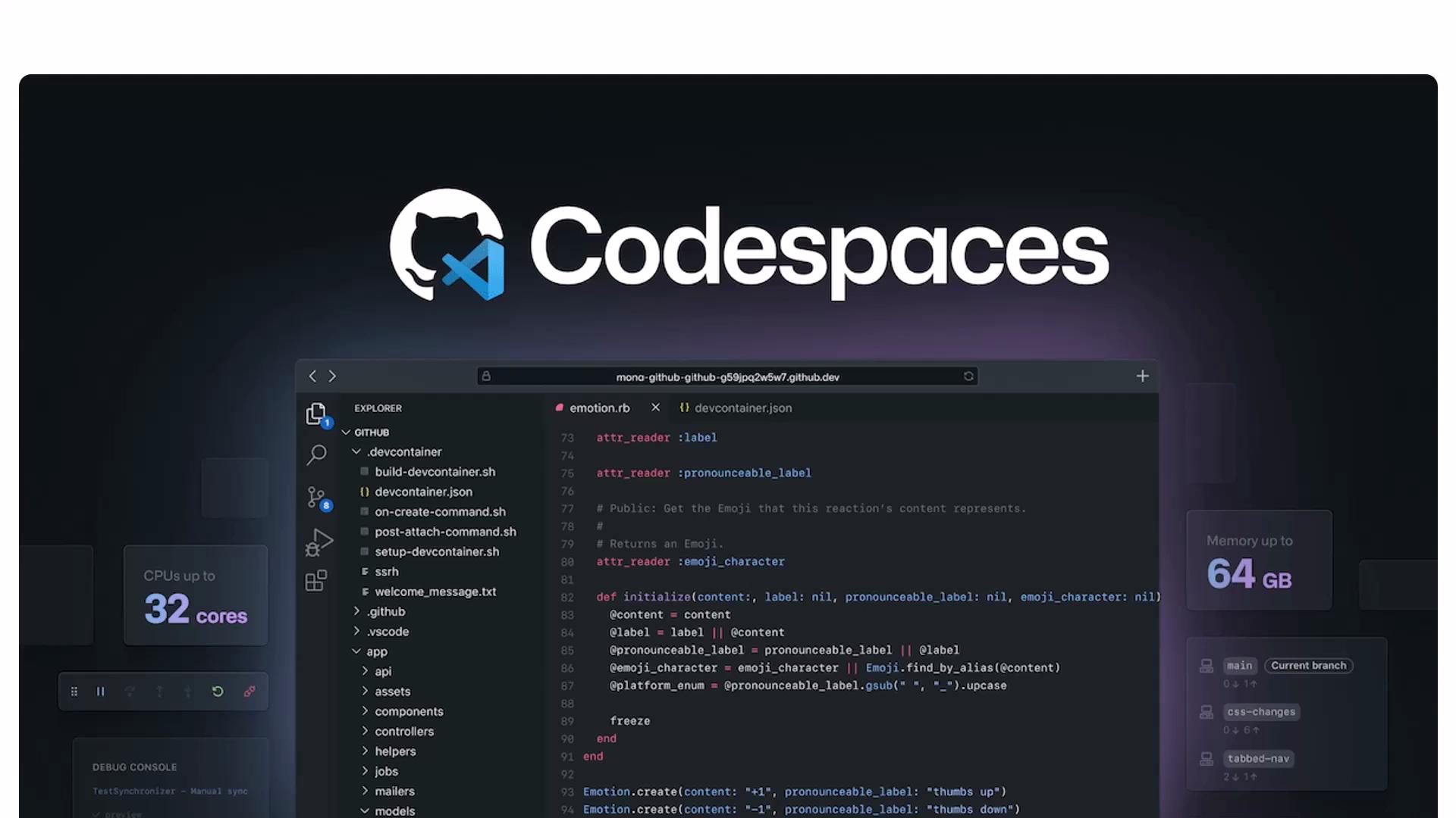 The image shows a promotional graphic for GitHub Codespaces, featuring a code editor interface and highlighting its capabilities with CPUs and memory.