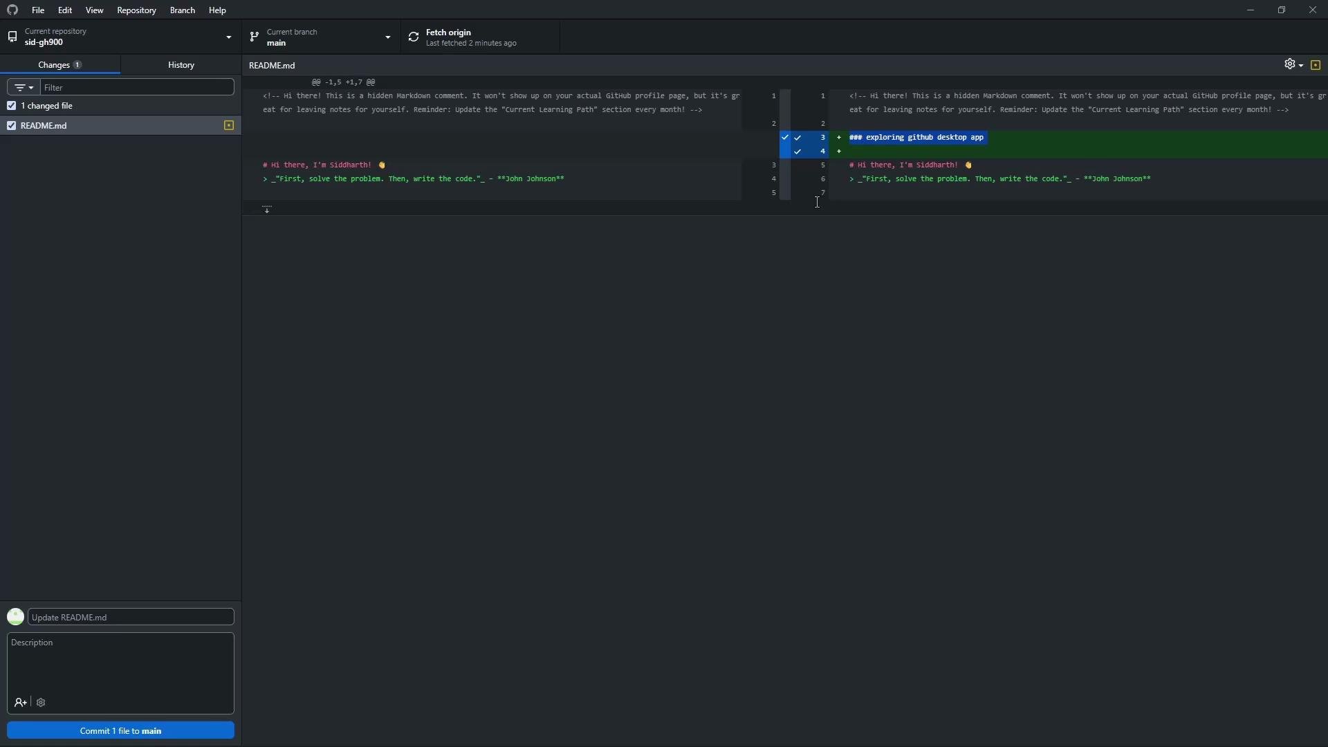 The image shows a GitHub Desktop application screen with a file change in README.md. Edits include adding a section titled "exploring github desktop app".