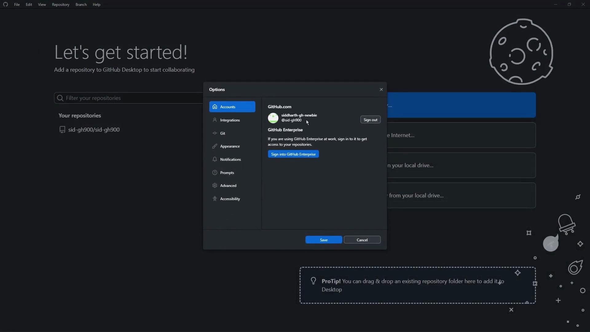The image shows the GitHub Desktop interface with a pop-up window displaying account options. The user is signed into a GitHub account with an option to sign into GitHub Enterprise.