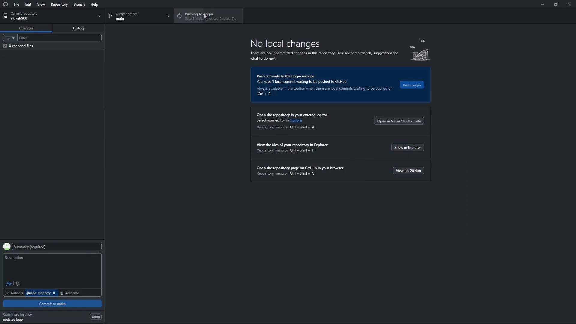 The image shows a GitHub Desktop interface with no local changes and options for pushing commits and opening the repository in different editors or browsers. It indicates that a commit titled "updated logo" has just been made.