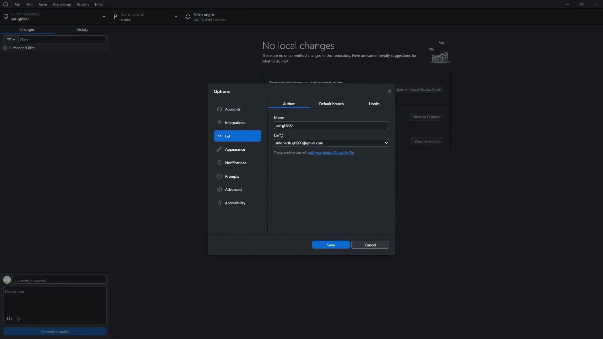 The image shows a GitHub Desktop interface with an "Options" window open, displaying settings for the Git repository, including fields for author name and email.